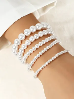 5pcs Faux Pearl Beaded Bracelet - White- FD ⚡