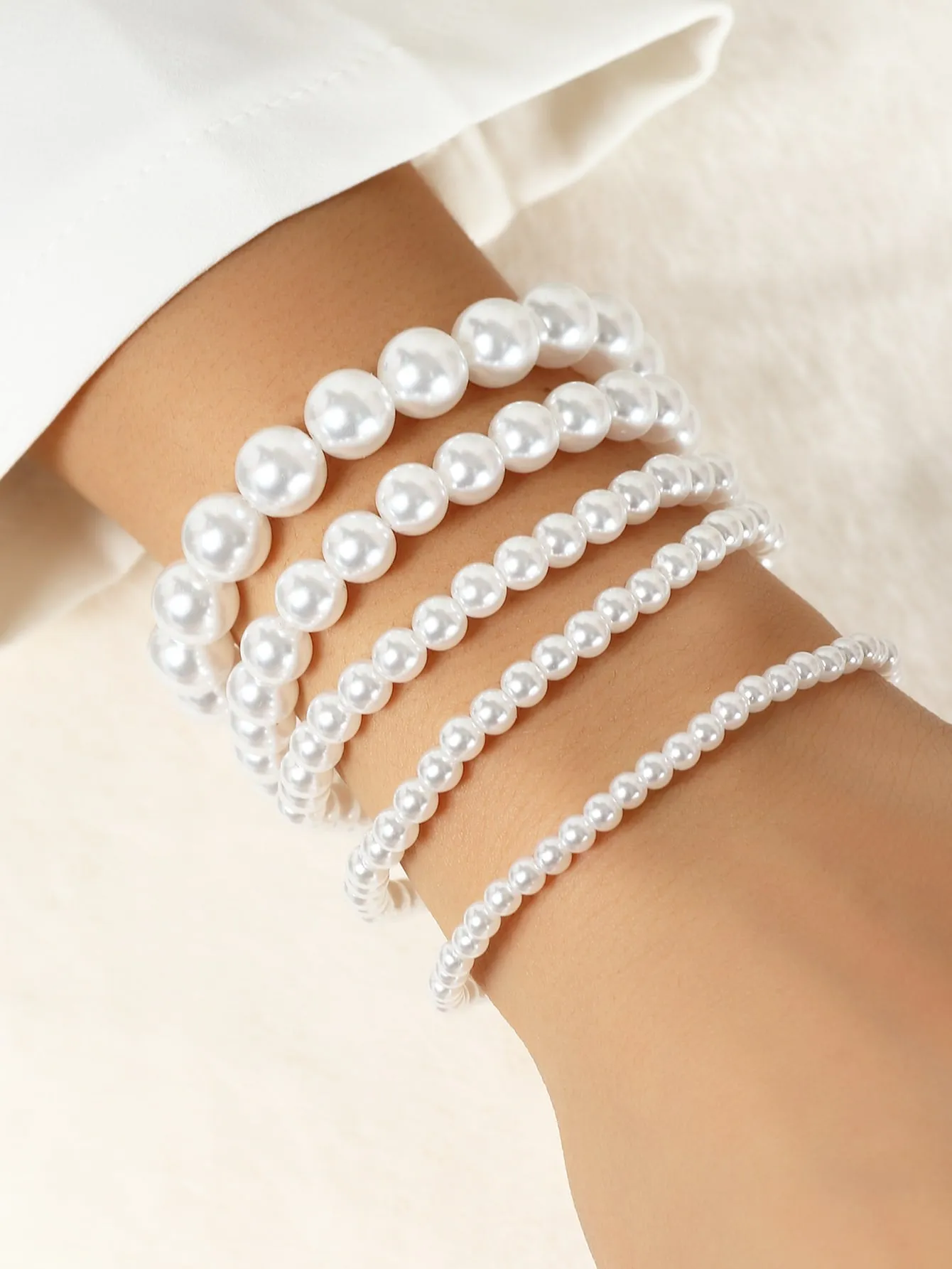5pcs Faux Pearl Beaded Bracelet - White- FD ⚡