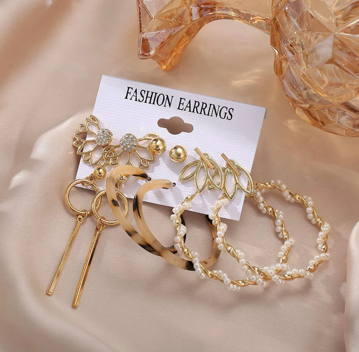 6 Pair Pearl Marble Hoop And Flower Stud Earrings