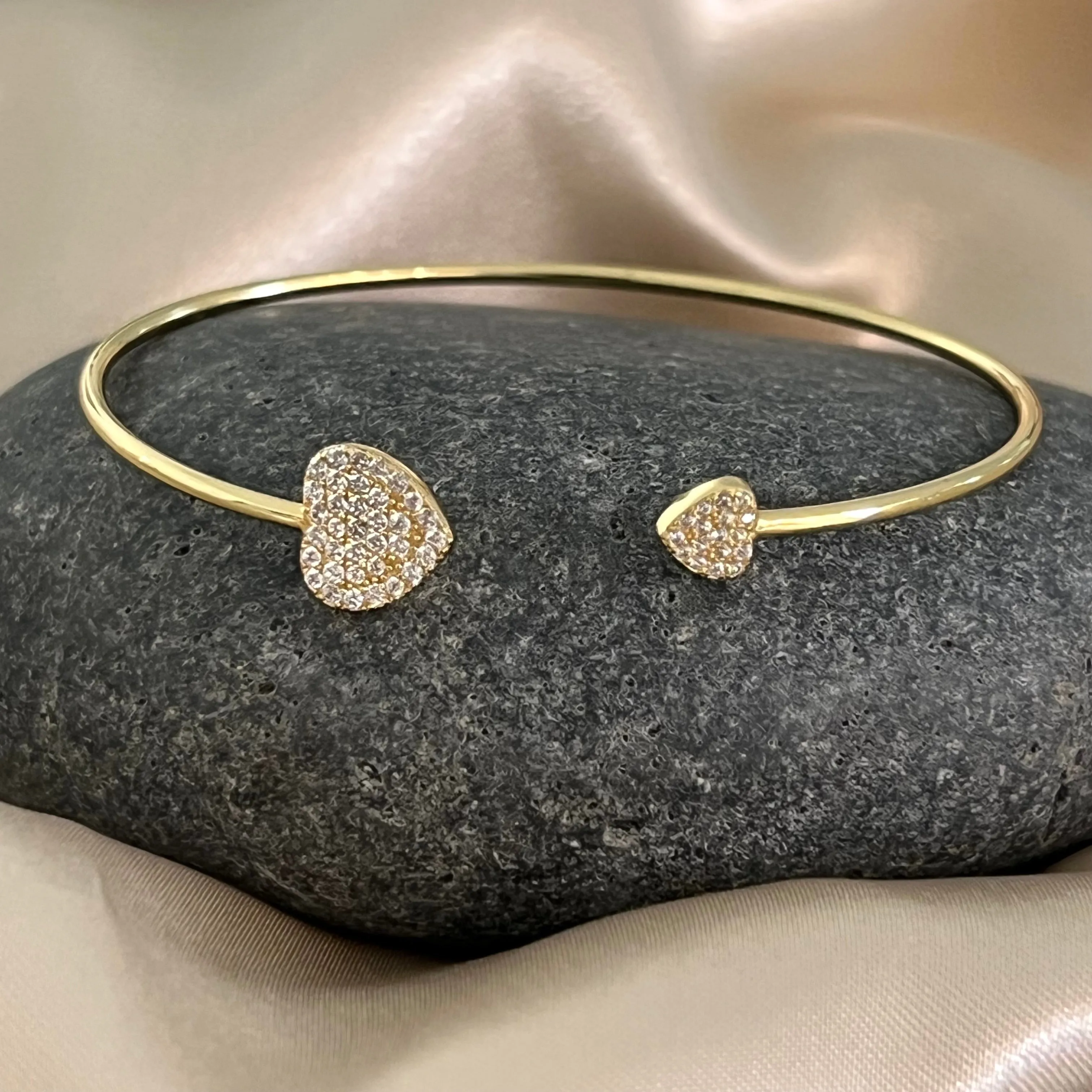 925 Sterling Silver Cuff Bracelet with CZ Hearts - Gold