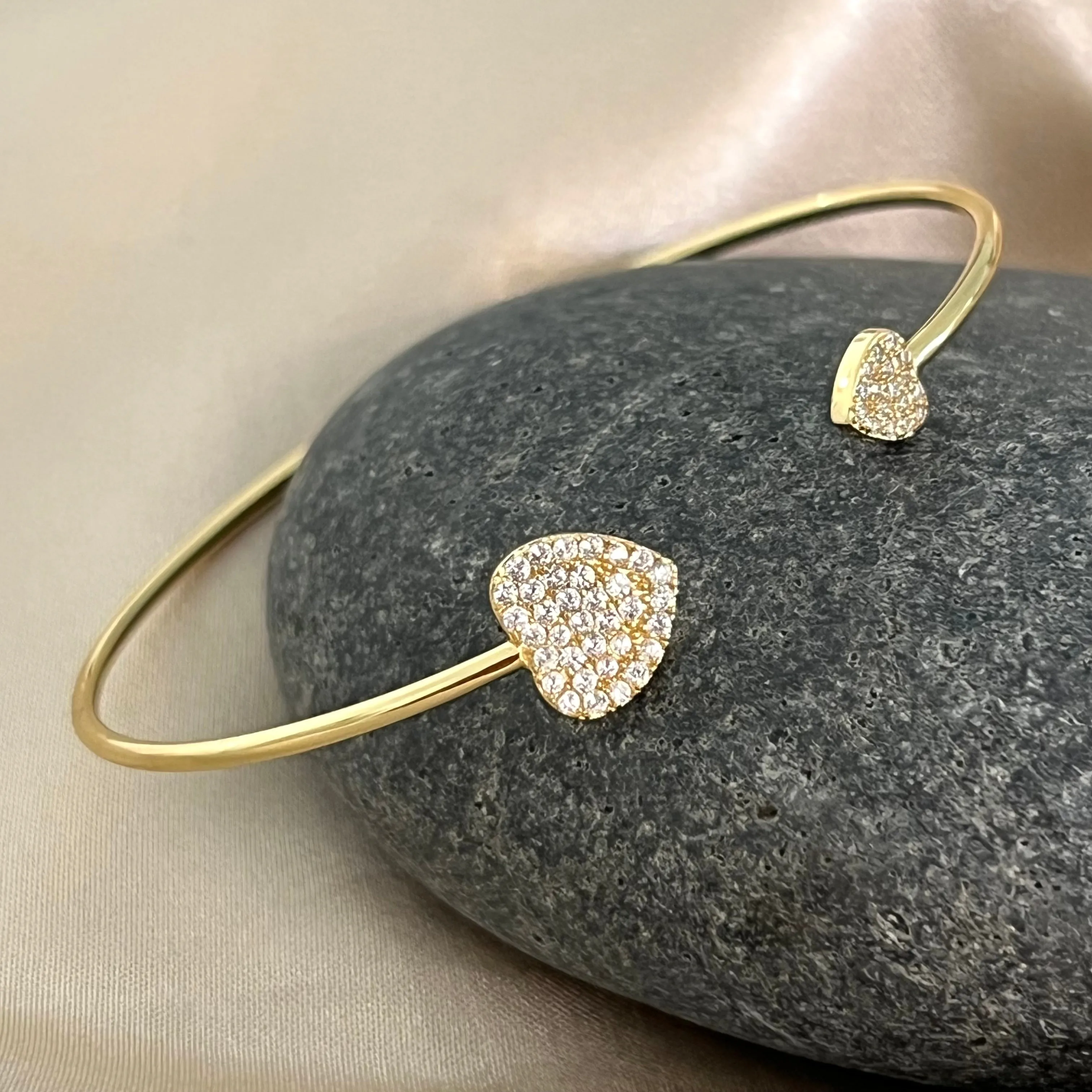 925 Sterling Silver Cuff Bracelet with CZ Hearts - Gold