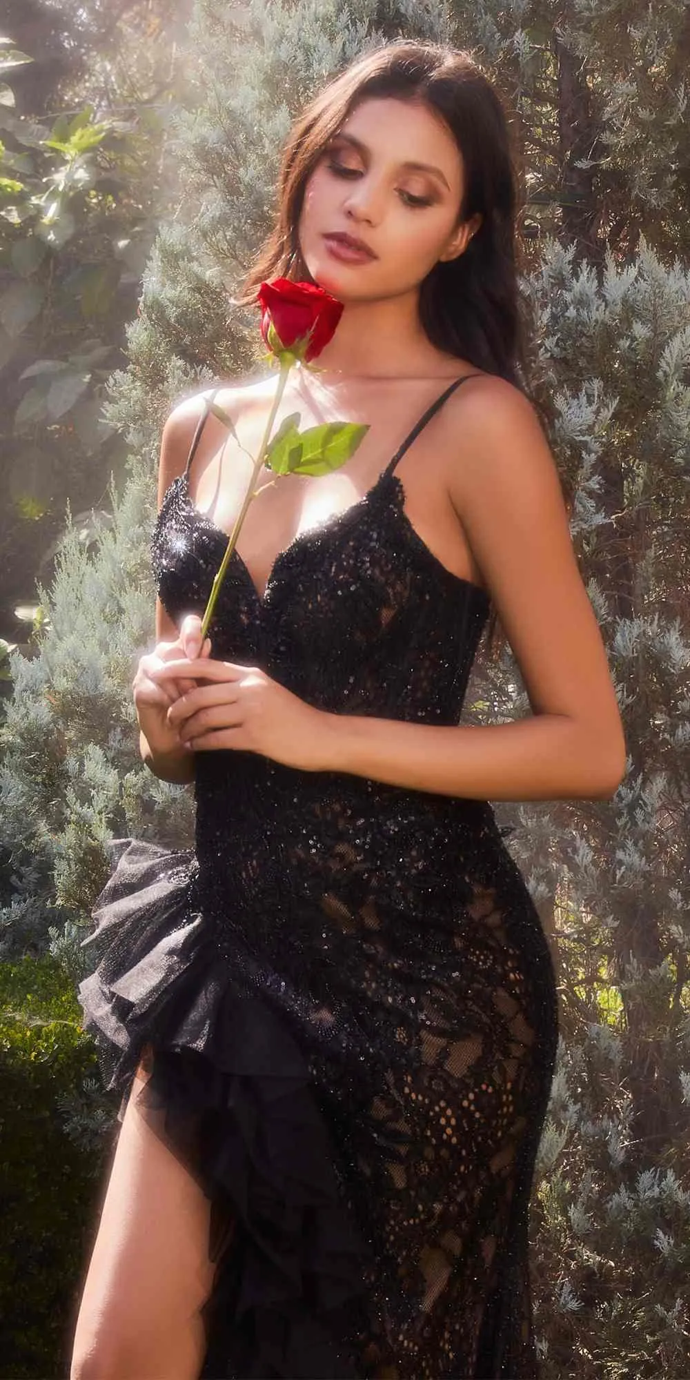 Andrea & Leo A1228 Long Fitted Black Lace Gown High Leg Slit