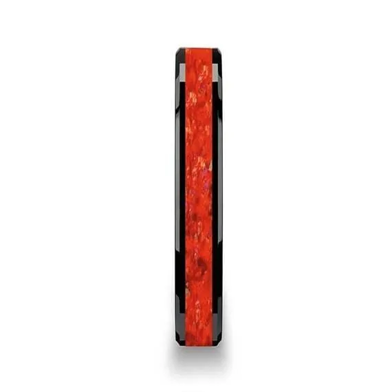 Black Ceramic Wedding Band Red Opal Inlay Beveled Polished Finish  4mm-8mm