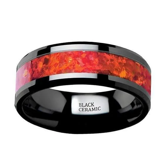 Black Ceramic Wedding Band Red Opal Inlay Beveled Polished Finish  4mm-8mm