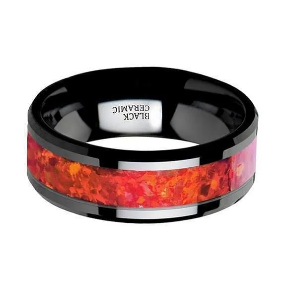 Black Ceramic Wedding Band Red Opal Inlay Beveled Polished Finish  4mm-8mm