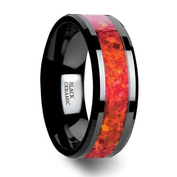 Black Ceramic Wedding Band Red Opal Inlay Beveled Polished Finish  4mm-8mm