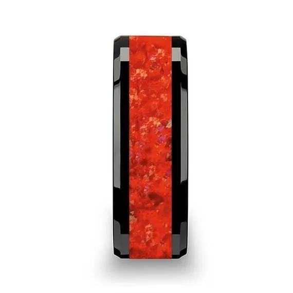 Black Ceramic Wedding Band Red Opal Inlay Beveled Polished Finish  4mm-8mm