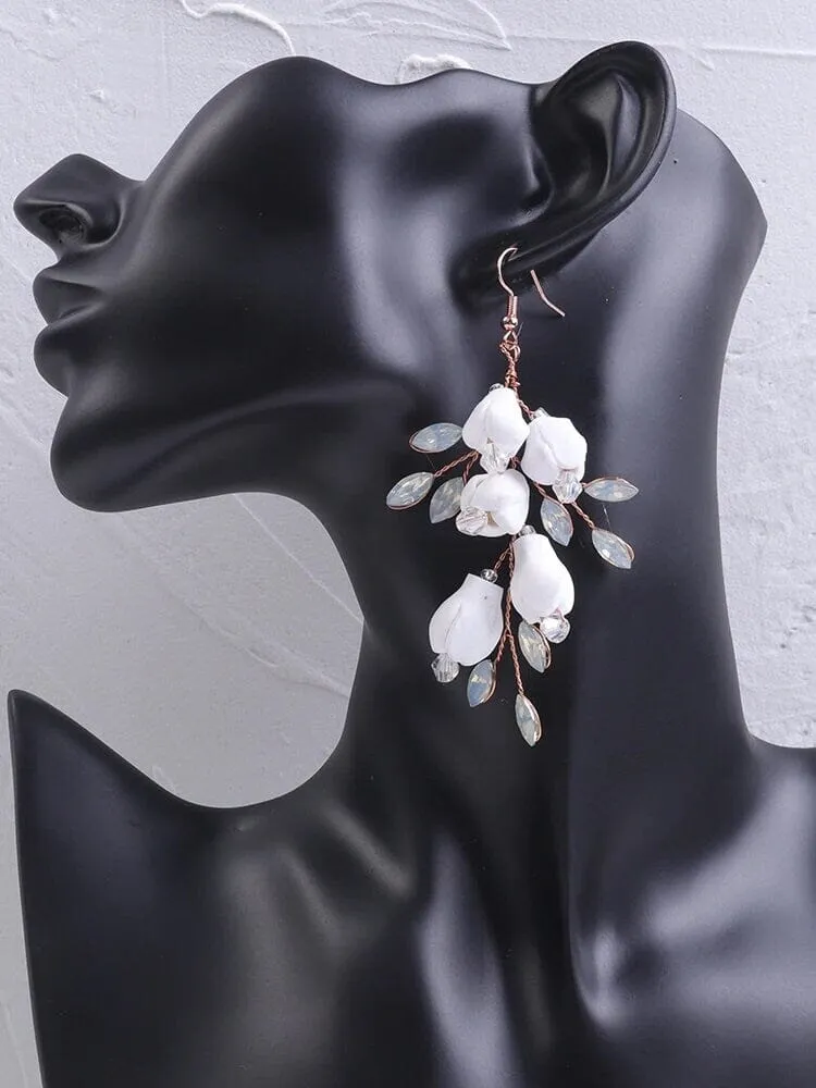 Bride Ceramic Flower Earrings, Opal Crystal Leaf Earrings, Wedding Rose Gold Dangles, Hand Wired White Floral Bridal Tassel Earrings