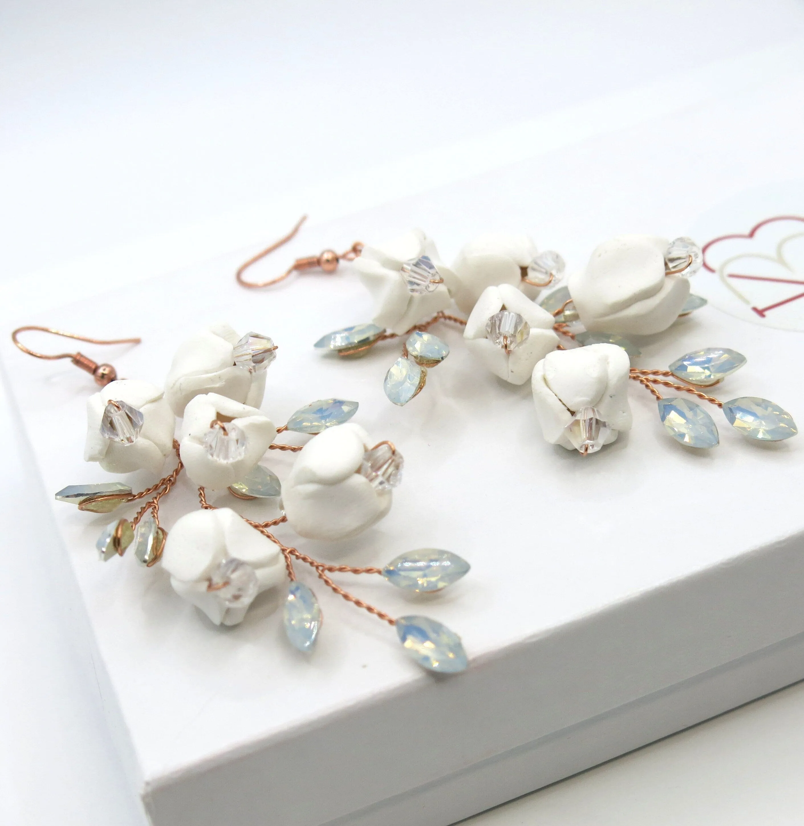 Bride Ceramic Flower Earrings, Opal Crystal Leaf Earrings, Wedding Rose Gold Dangles, Hand Wired White Floral Bridal Tassel Earrings
