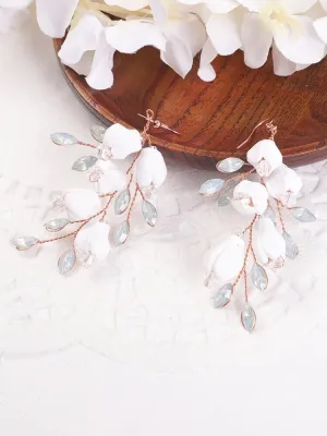 Bride Ceramic Flower Earrings, Opal Crystal Leaf Earrings, Wedding Rose Gold Dangles, Hand Wired White Floral Bridal Tassel Earrings