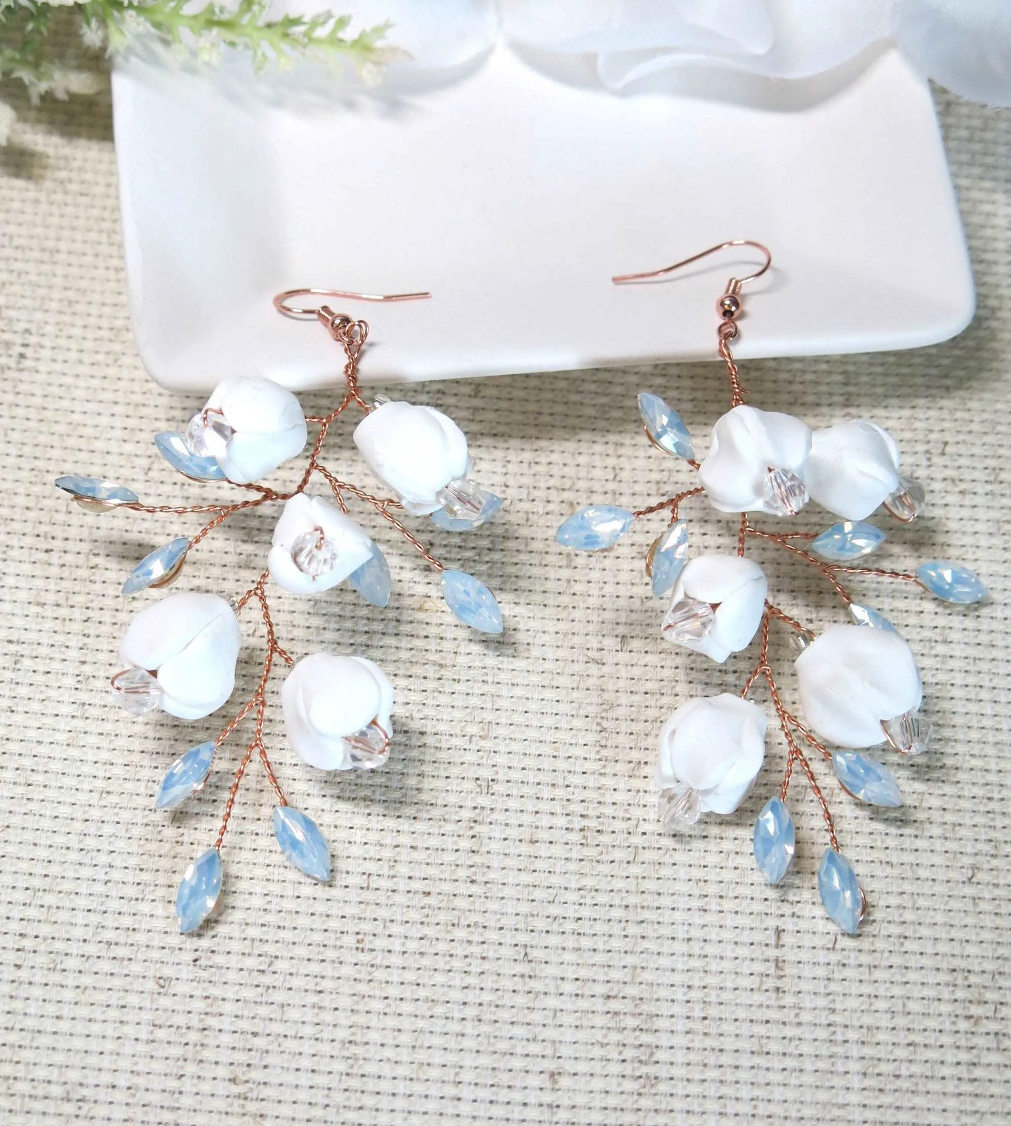 Bride Ceramic Flower Earrings, Opal Crystal Leaf Earrings, Wedding Rose Gold Dangles, Hand Wired White Floral Bridal Tassel Earrings
