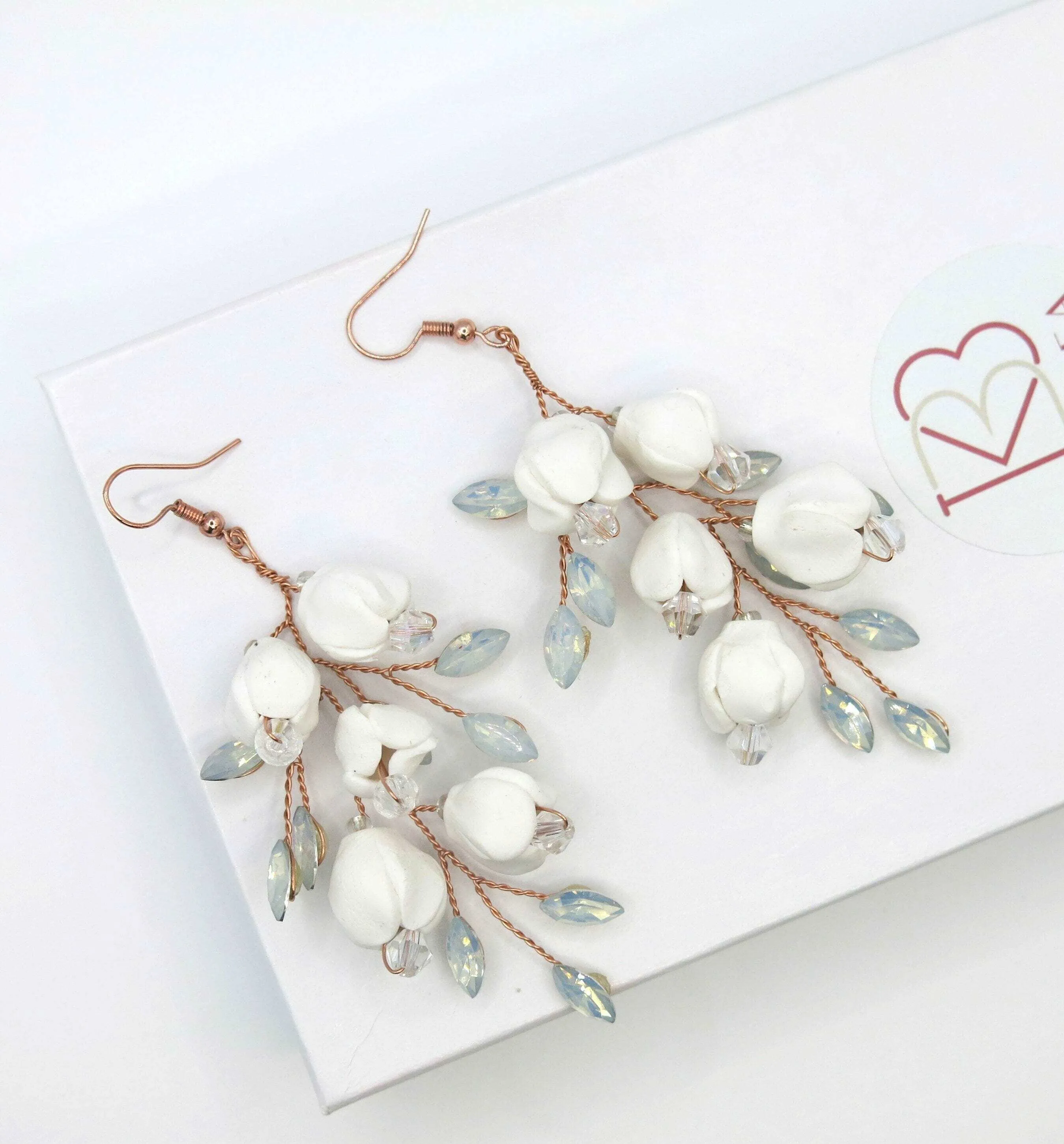Bride Ceramic Flower Earrings, Opal Crystal Leaf Earrings, Wedding Rose Gold Dangles, Hand Wired White Floral Bridal Tassel Earrings