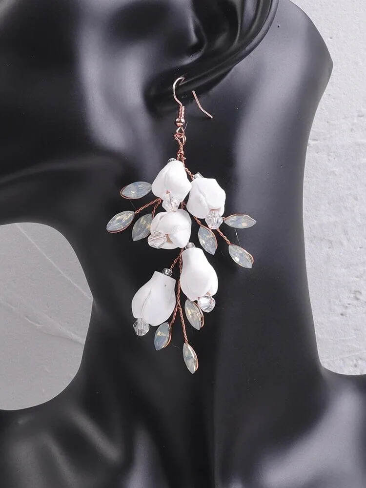 Bride Ceramic Flower Earrings, Opal Crystal Leaf Earrings, Wedding Rose Gold Dangles, Hand Wired White Floral Bridal Tassel Earrings
