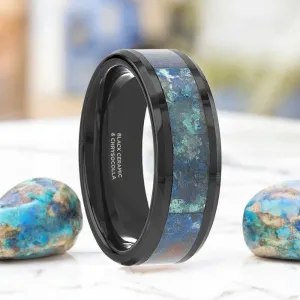 CELADON | Black Ceramic Ring, Chrysocolla Inlay, Beveled