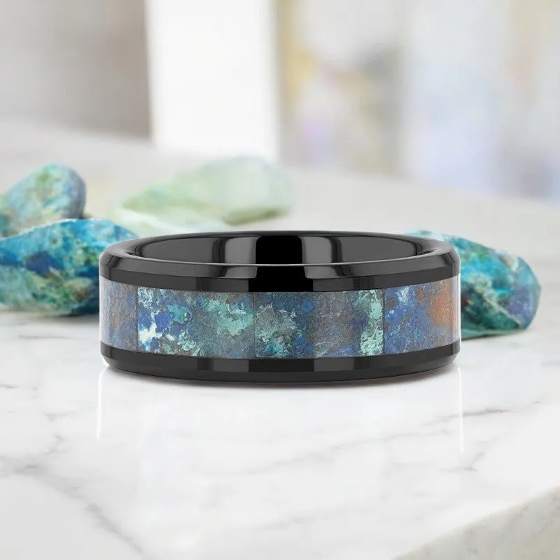 CELADON | Black Ceramic Ring, Chrysocolla Inlay, Beveled