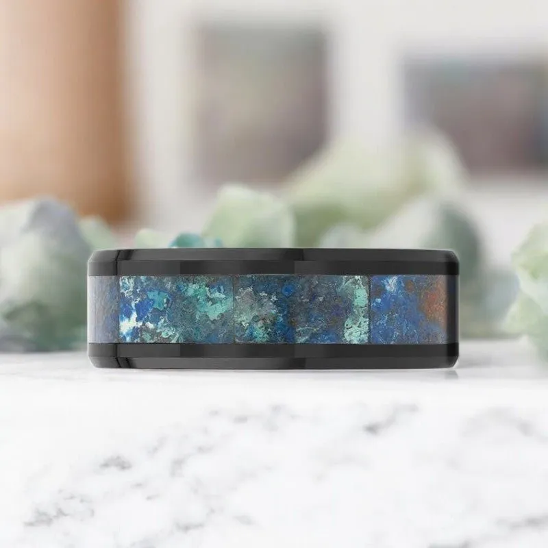 CELADON | Black Ceramic Ring, Chrysocolla Inlay, Beveled