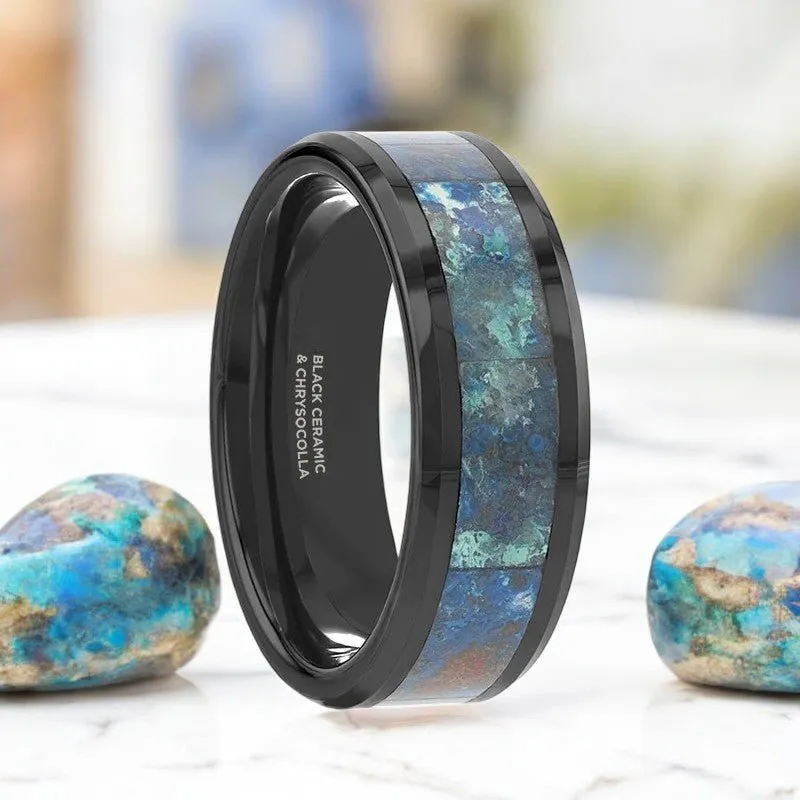 CELADON | Black Ceramic Ring, Chrysocolla Inlay, Beveled