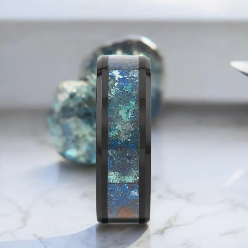 CELADON | Black Ceramic Ring, Chrysocolla Inlay, Beveled