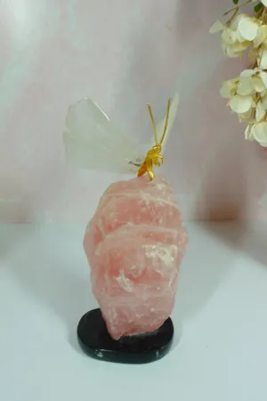 Clear Quartz Crystal Butterfly Carving On Rough Rose Quartz