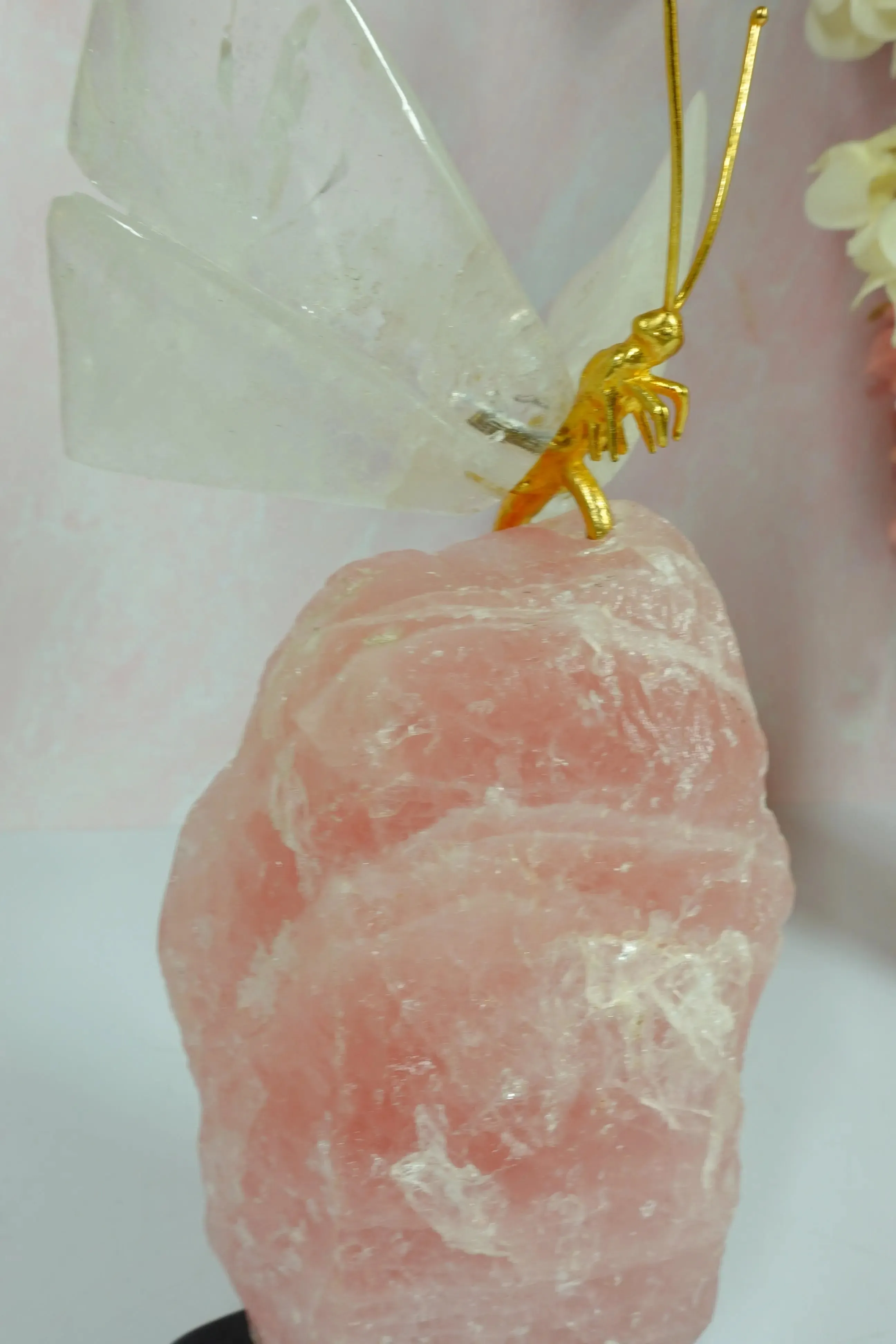 Clear Quartz Crystal Butterfly Carving On Rough Rose Quartz