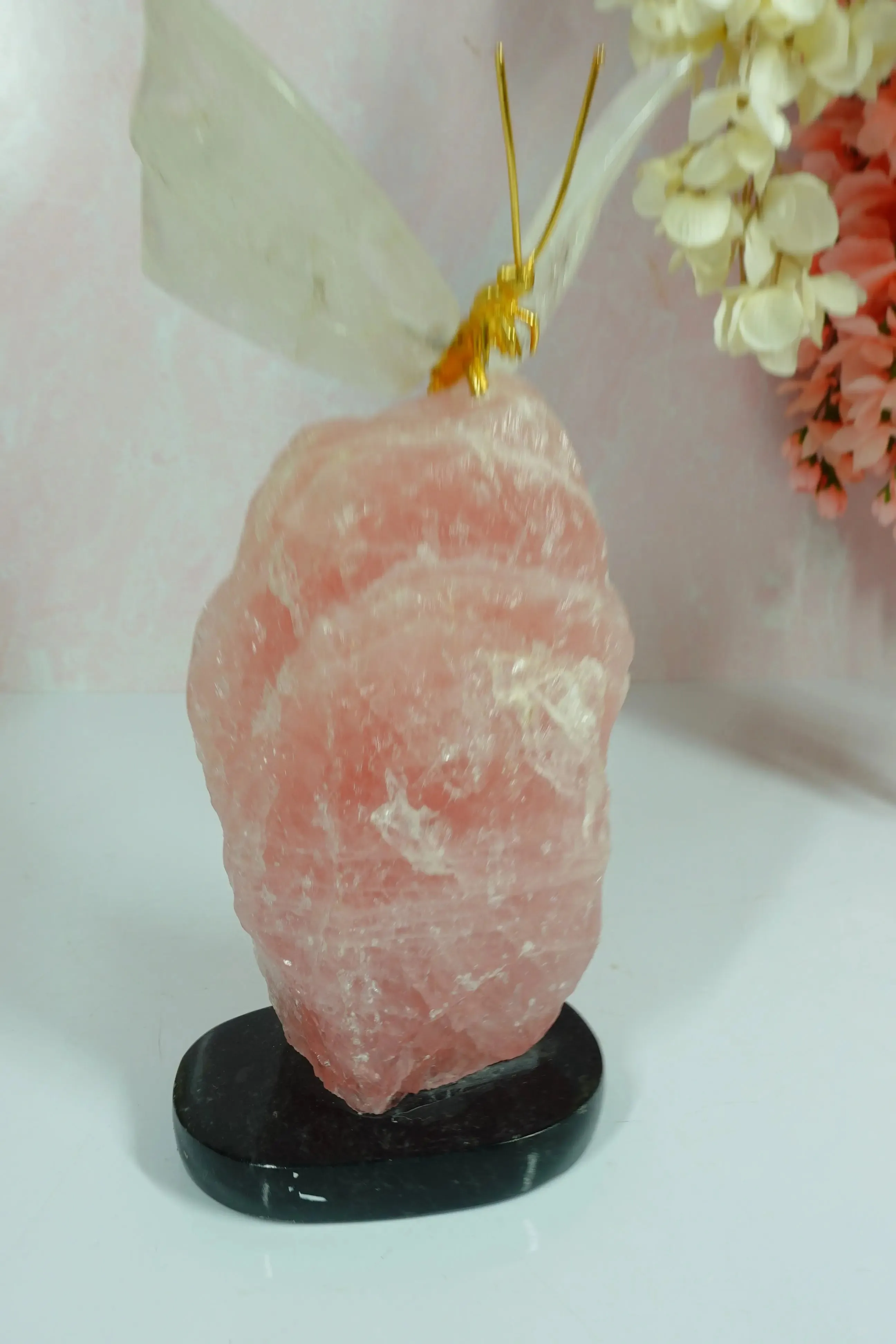 Clear Quartz Crystal Butterfly Carving On Rough Rose Quartz