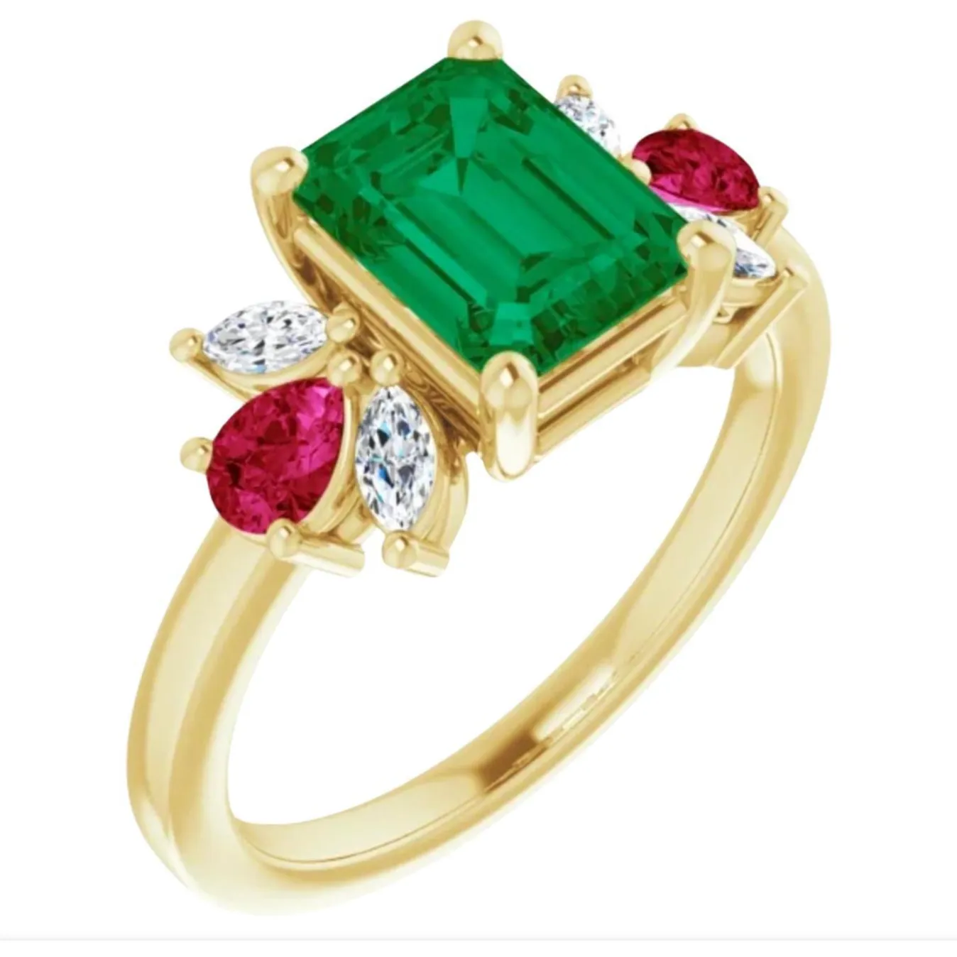 Colombian Emerald Ruby and Diamond Ring 18K yellow Gold