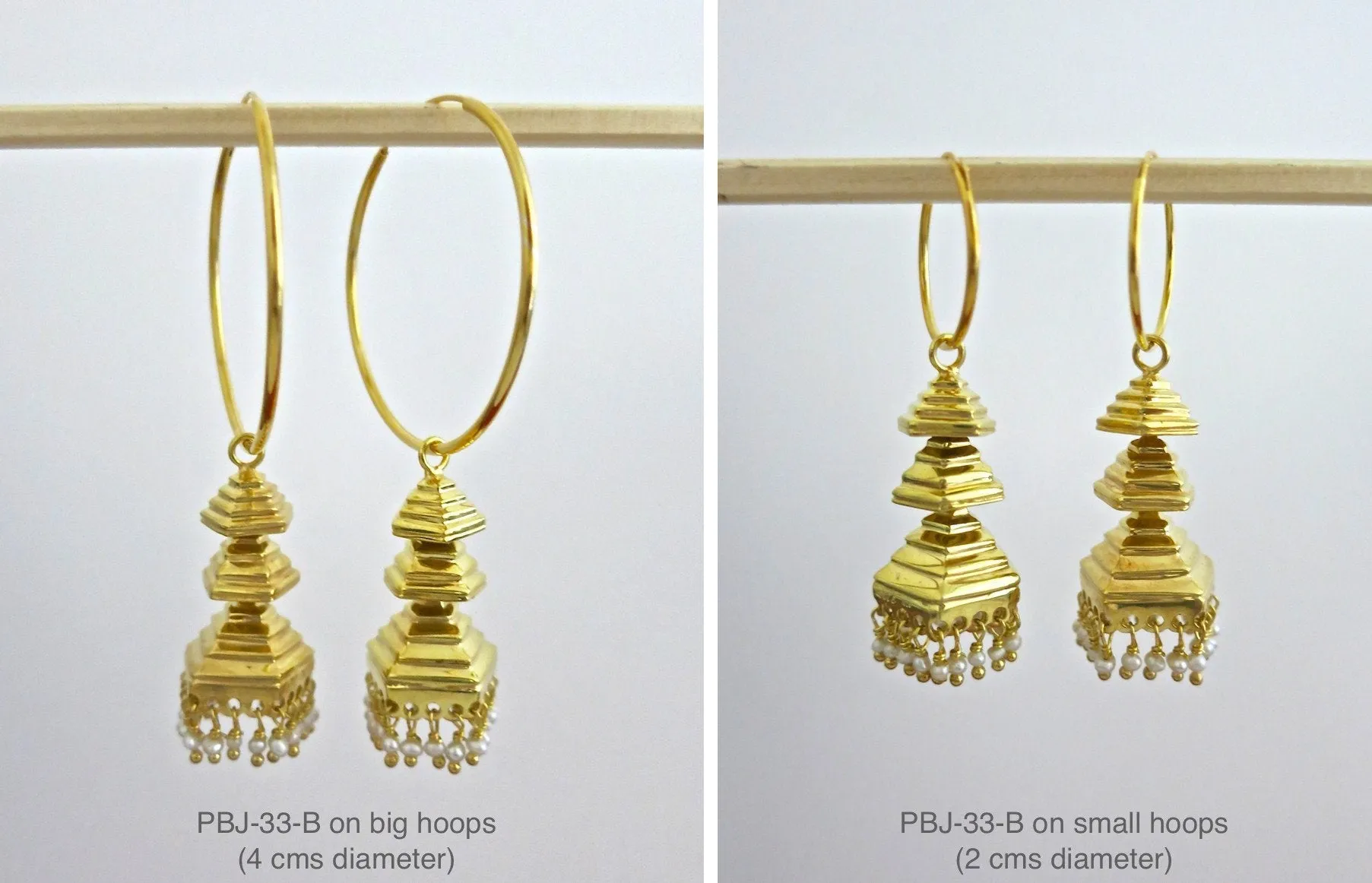 Contemporary, gold-plated, 3-tiered, pyramidical Jhumka bottoms