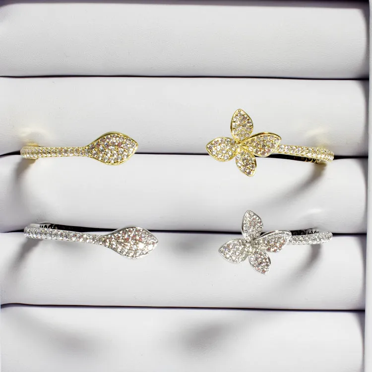 Cuff Bracelet with CZ Flower and Leaf - Gold