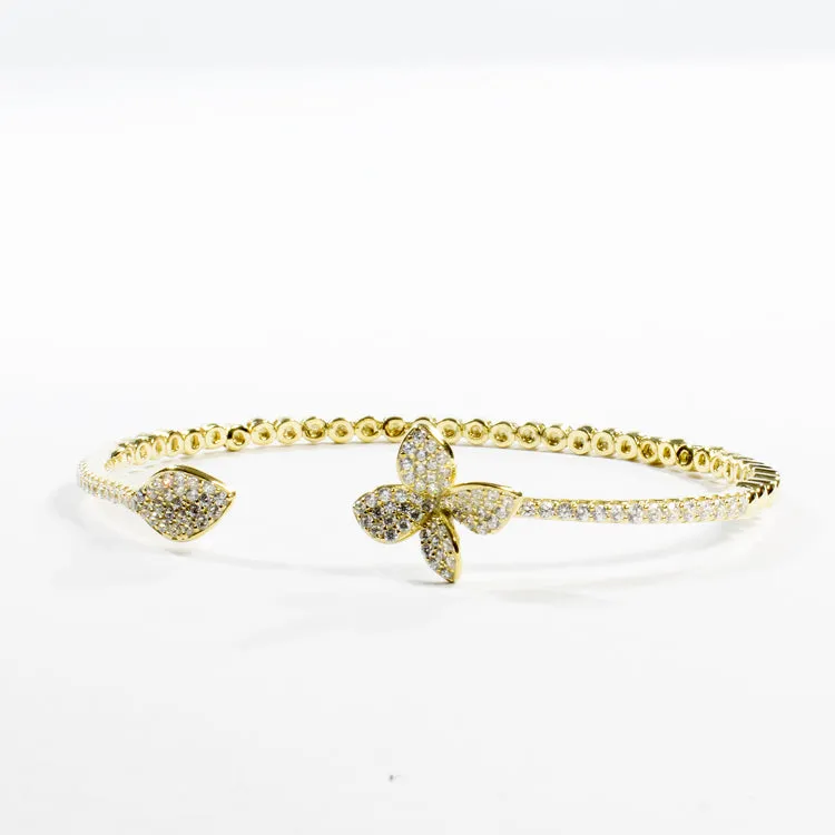 Cuff Bracelet with CZ Flower and Leaf - Gold