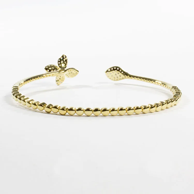Cuff Bracelet with CZ Flower and Leaf - Gold