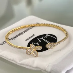 Cuff Bracelet with CZ Flower and Leaf - Gold