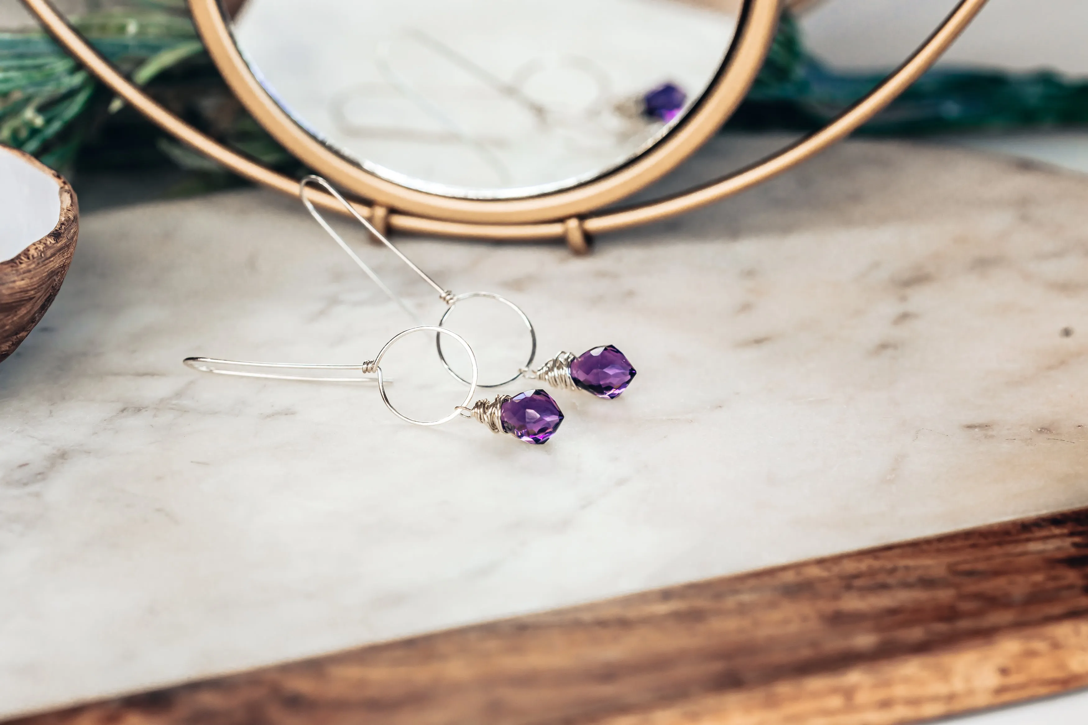 Dark Purple Quartz Drop Sterling Silver Circle Threader Earrings