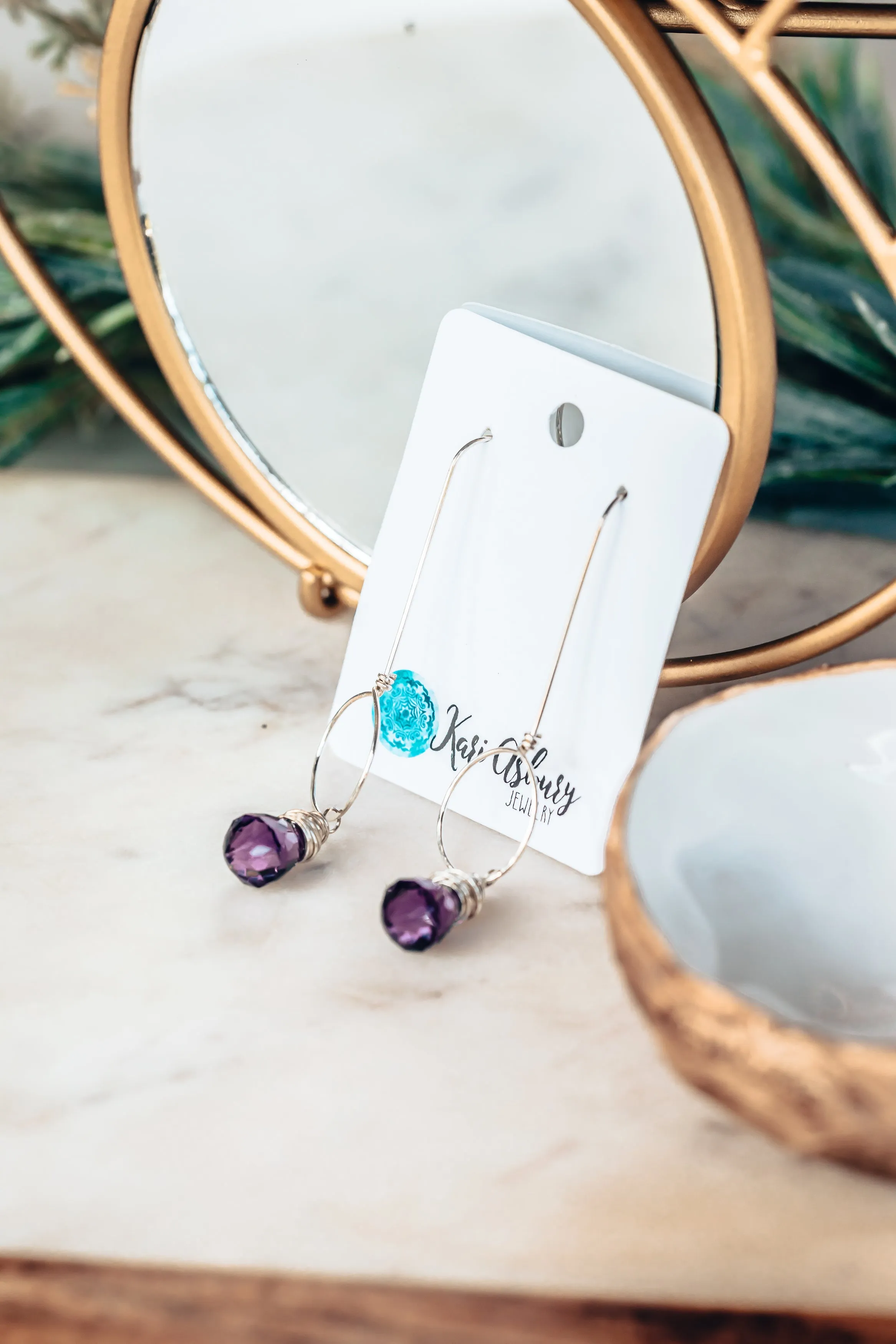 Dark Purple Quartz Drop Sterling Silver Circle Threader Earrings