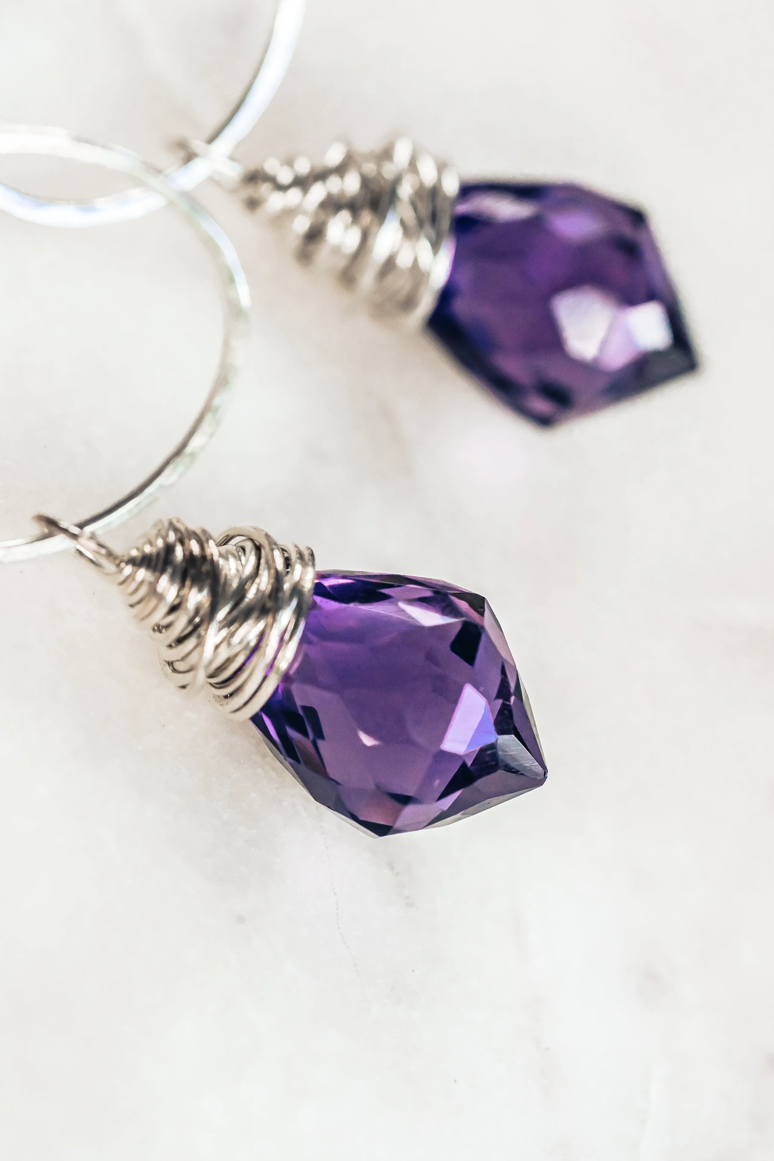 Dark Purple Quartz Drop Sterling Silver Circle Threader Earrings
