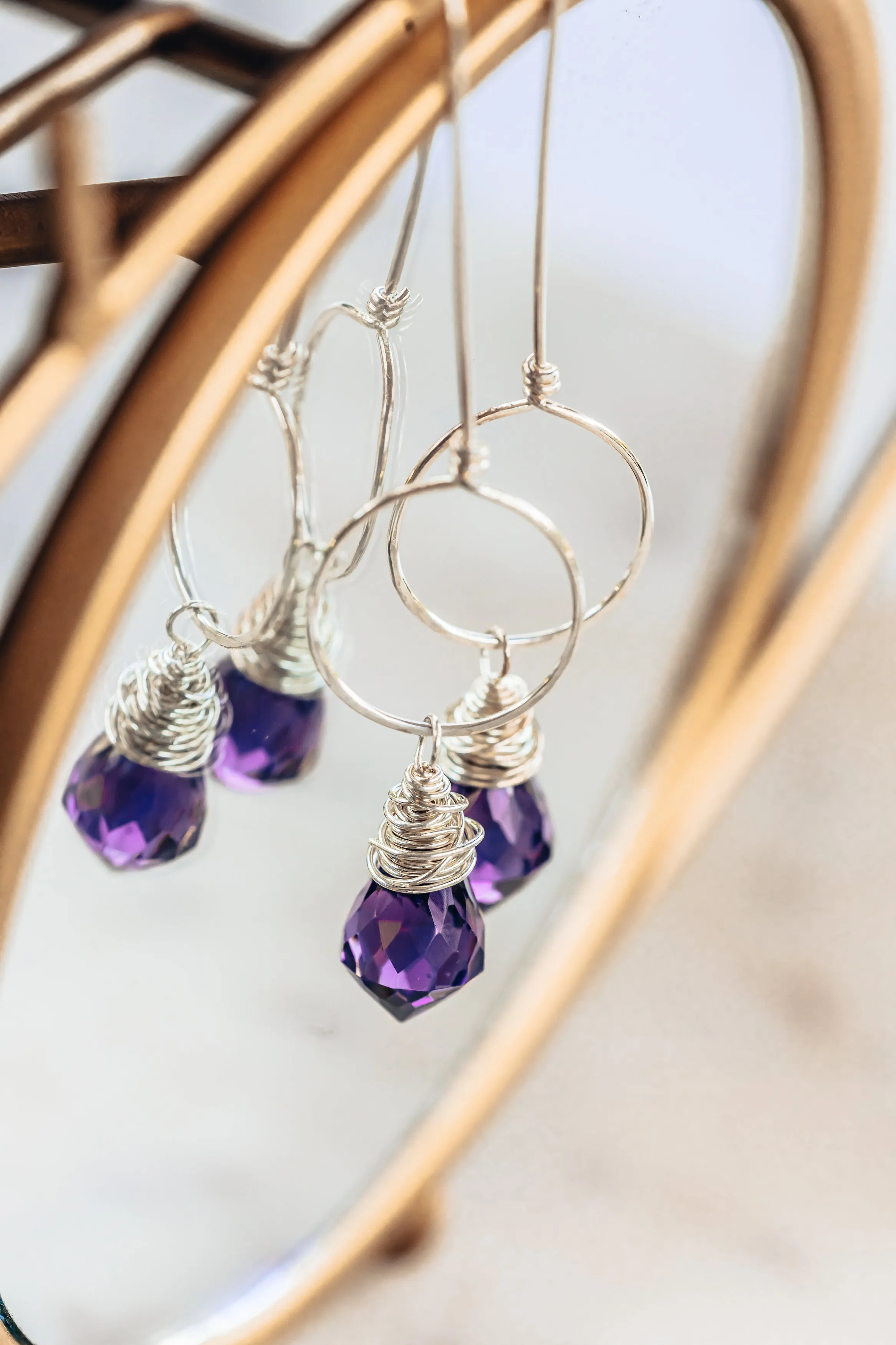 Dark Purple Quartz Drop Sterling Silver Circle Threader Earrings