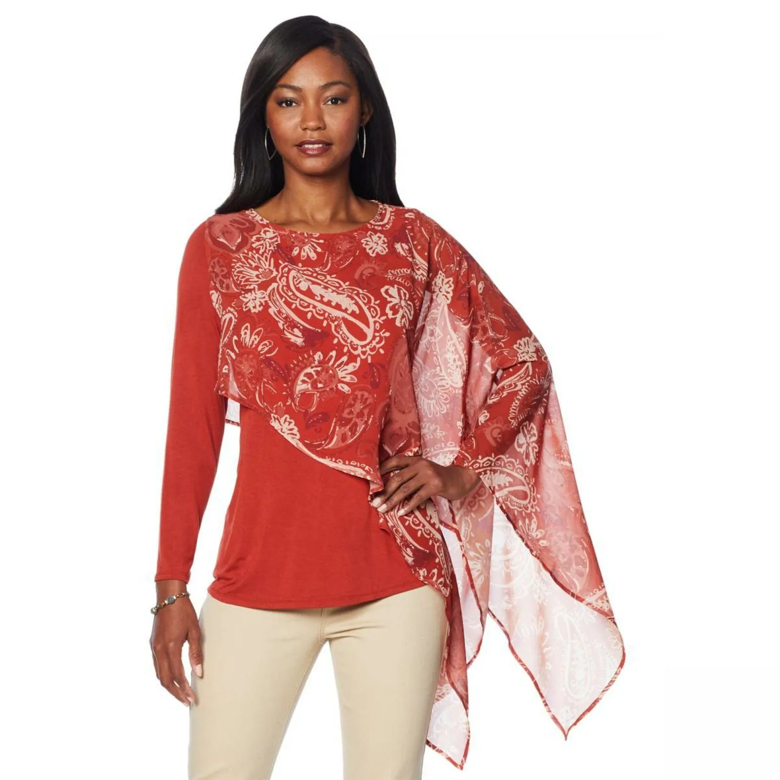 DG2 by Diane Gilman Knit Top With Asymmetric Chiffon Overlay Rust XL