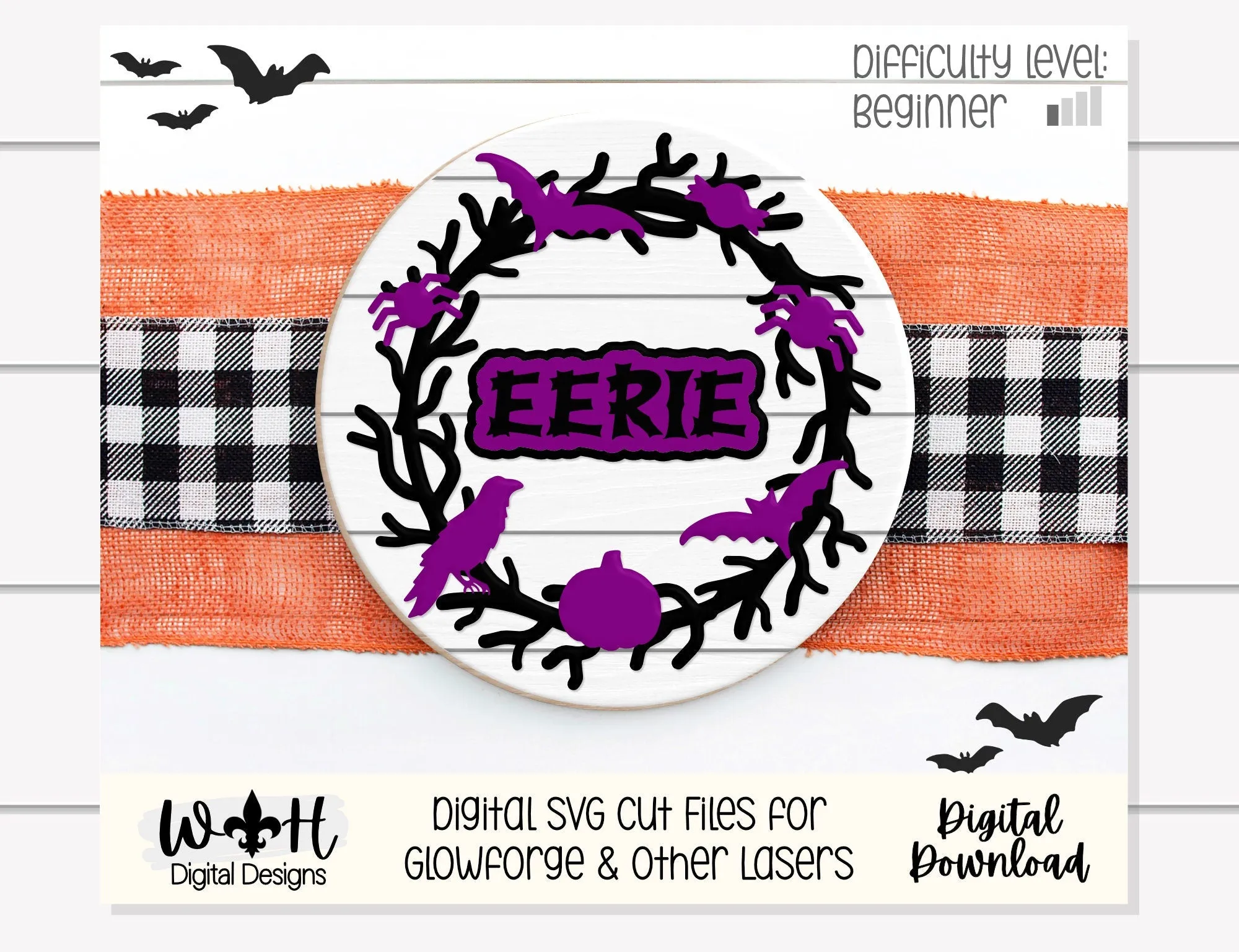 Eeek Eerie Halloween Wreath Door Hanger Round - Seasonal Sign Making and DIY Kits - Cut File For Glowforge Lasers - Digital SVG File