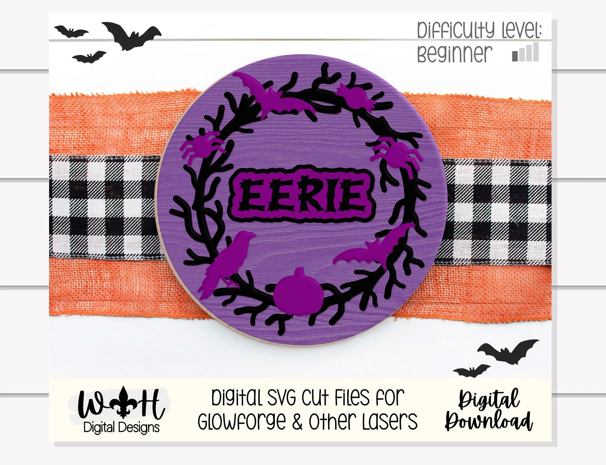 Eeek Eerie Halloween Wreath Door Hanger Round - Seasonal Sign Making and DIY Kits - Cut File For Glowforge Lasers - Digital SVG File