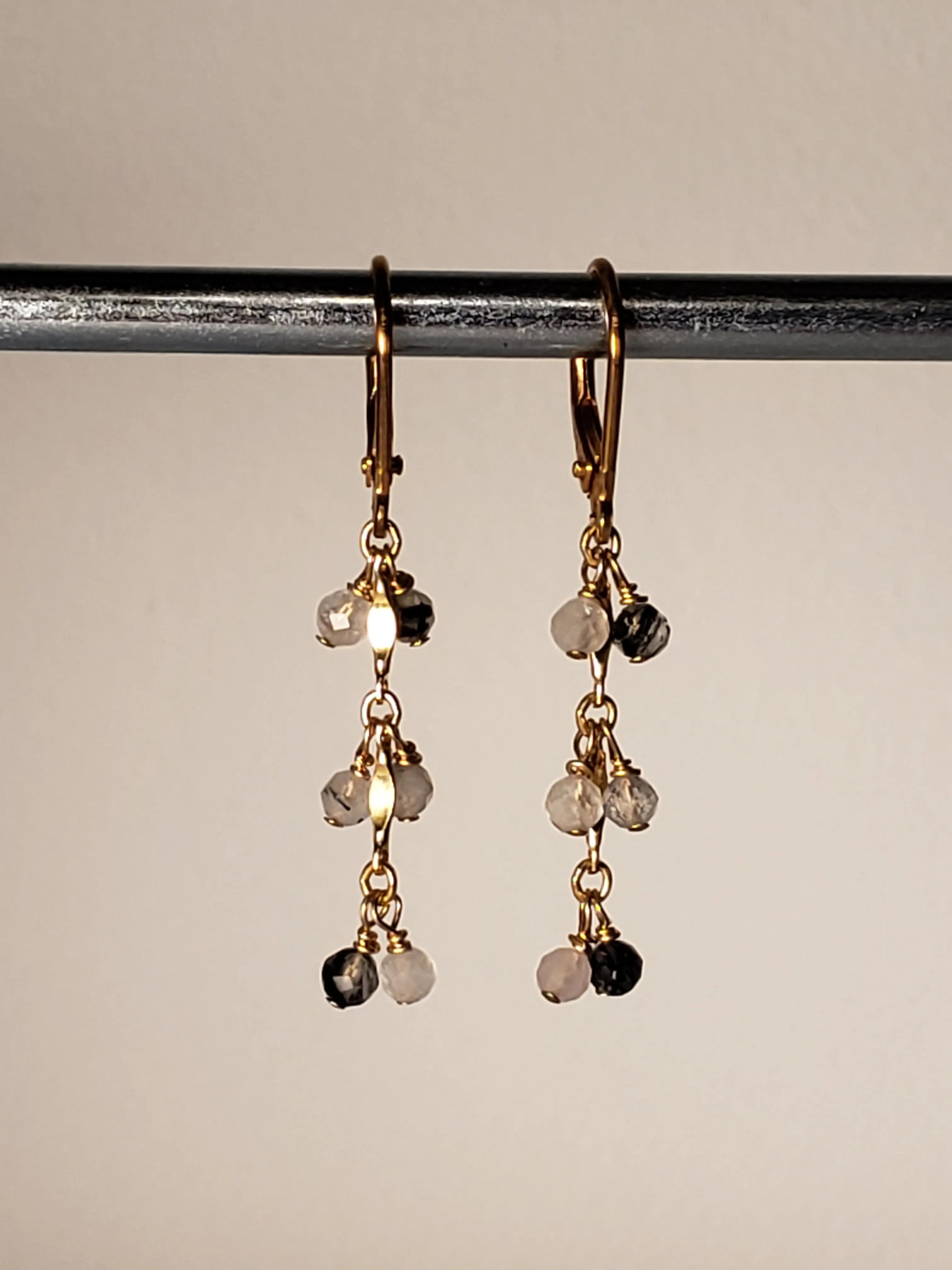 Faceted Tourmalinated Quartz Cluster Dangle Earrings on 14kt Gold-Filled Chain With Lever Back.