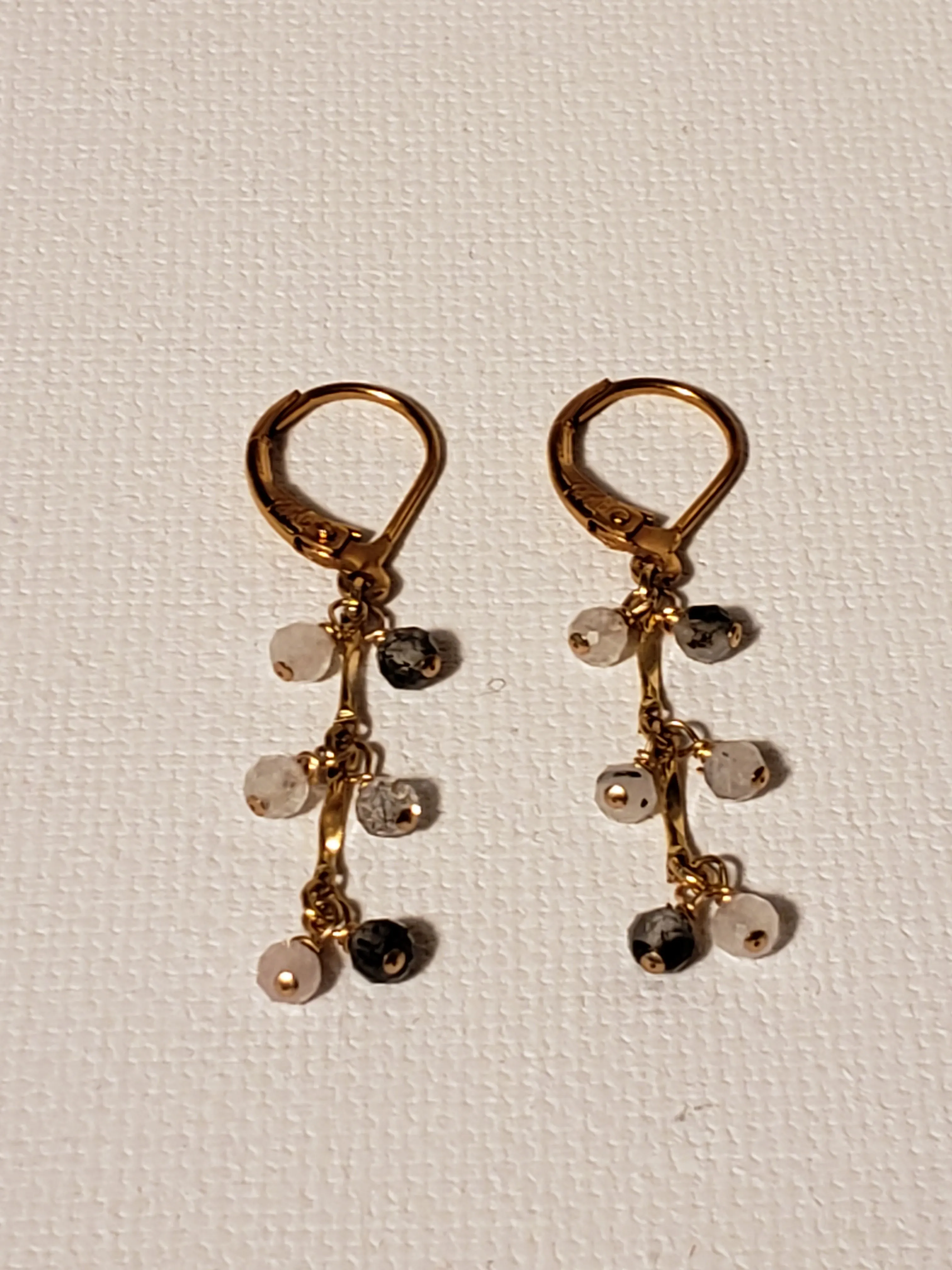 Faceted Tourmalinated Quartz Cluster Dangle Earrings on 14kt Gold-Filled Chain With Lever Back.