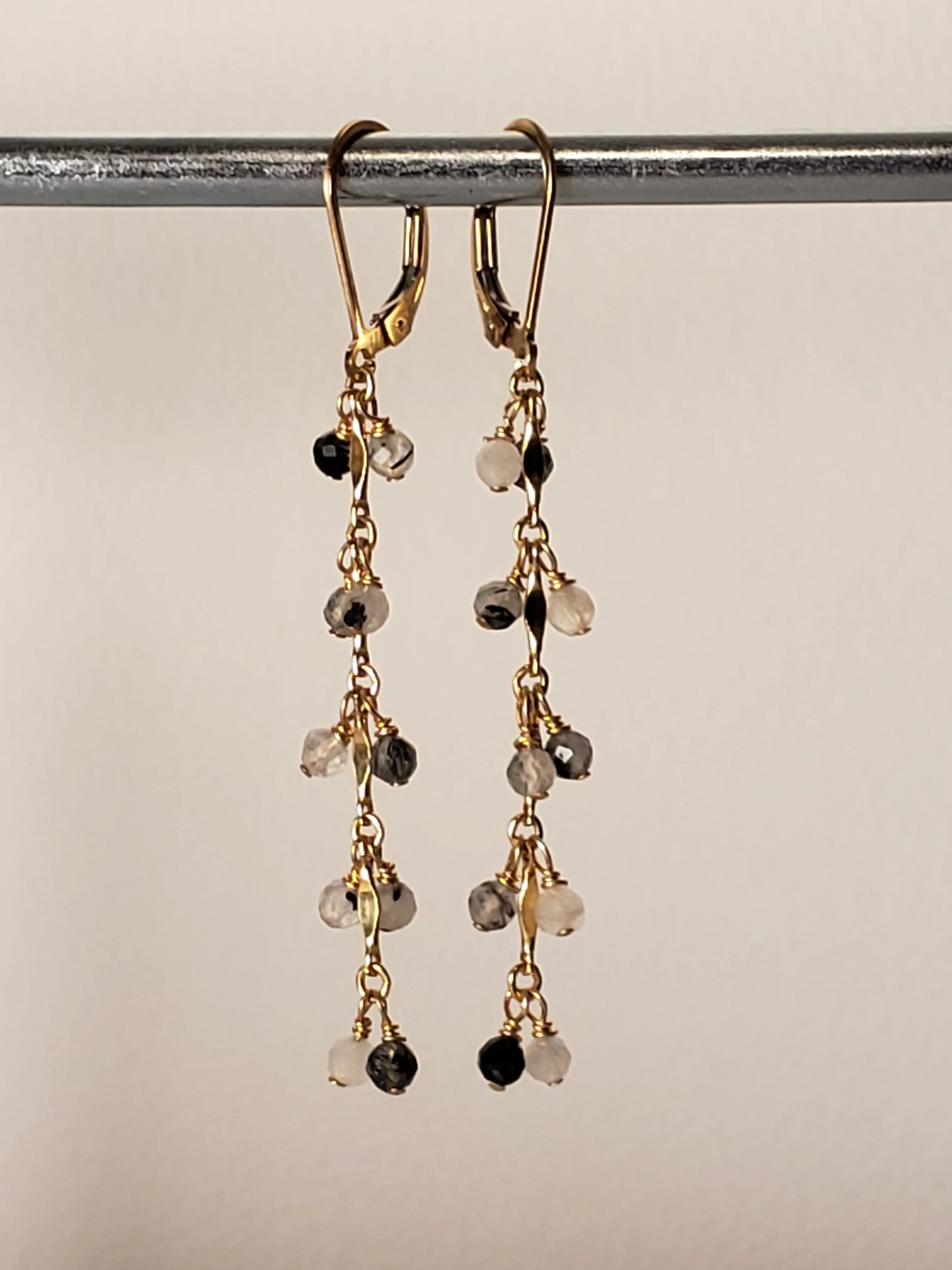 Faceted Tourmalinated Quartz Dangle Earrings on Gold-Filled Chain.