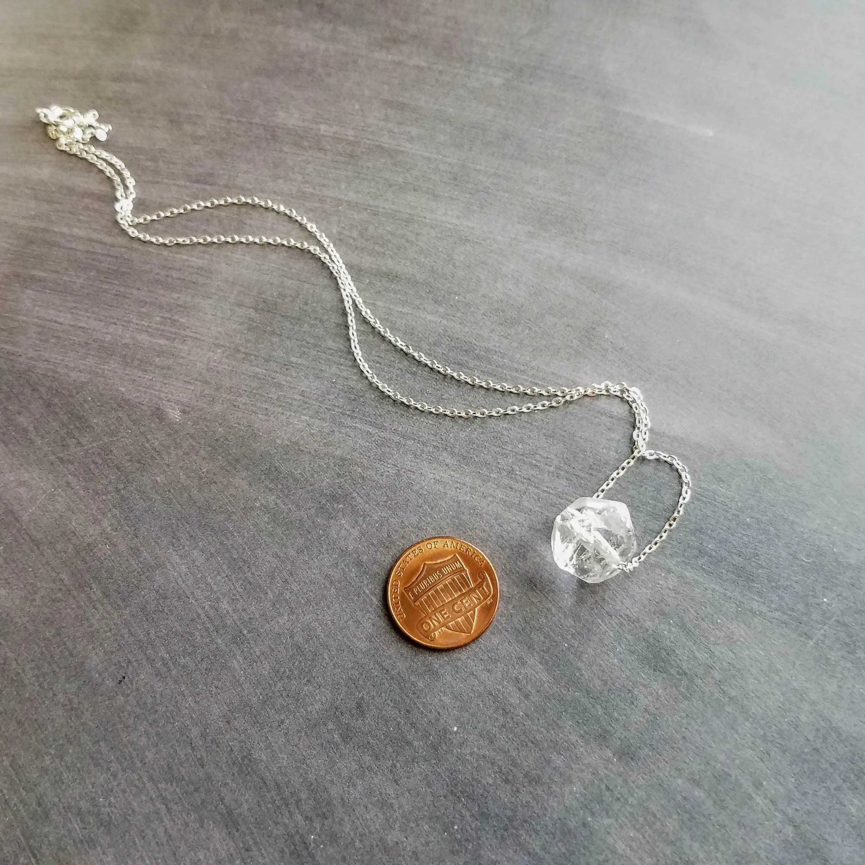 Faux Herkimer Diamond Necklace - ice quartz stone style clear glass faceted slider bead - silver plated chain - winter cool crackled cube