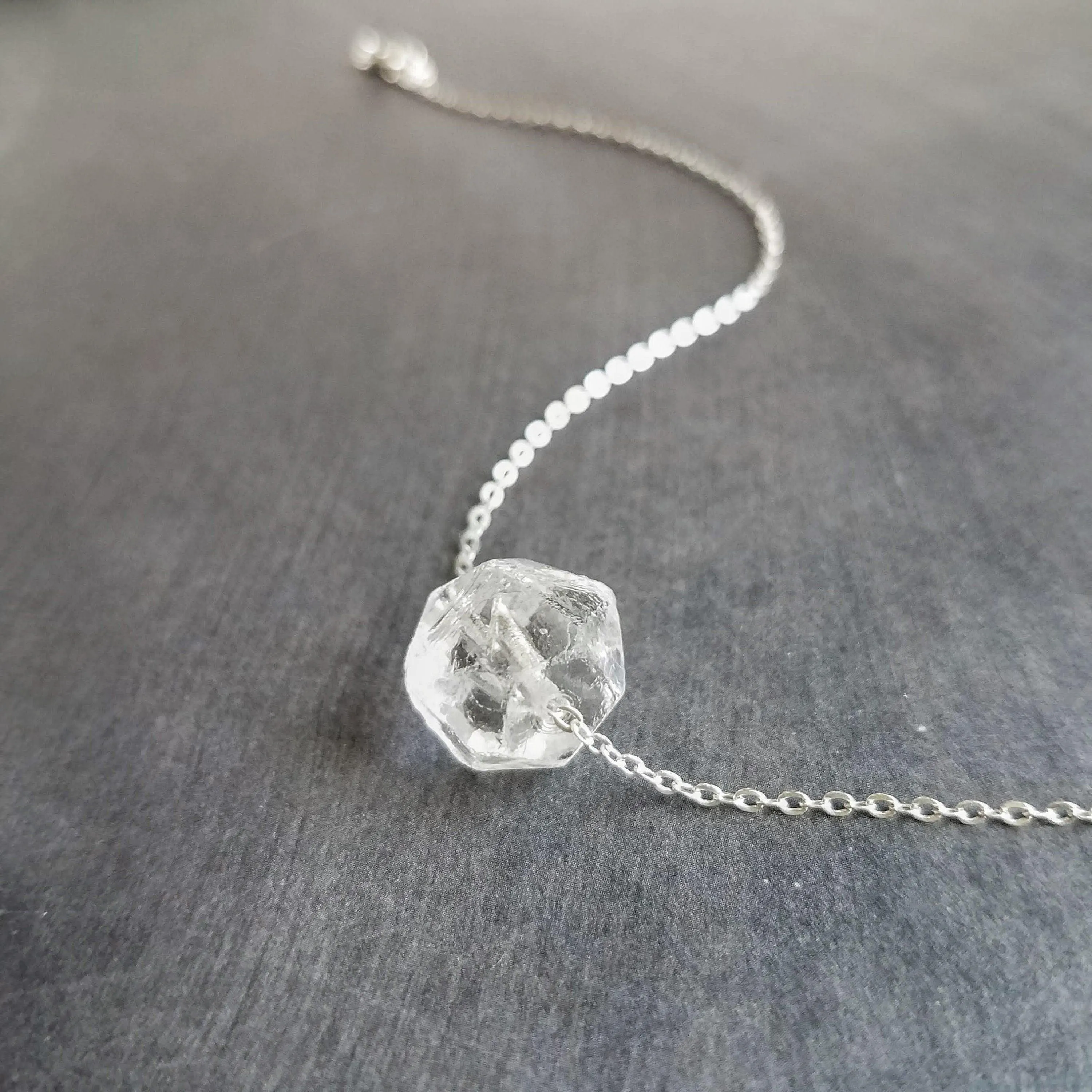 Faux Herkimer Diamond Necklace - ice quartz stone style clear glass faceted slider bead - silver plated chain - winter cool crackled cube