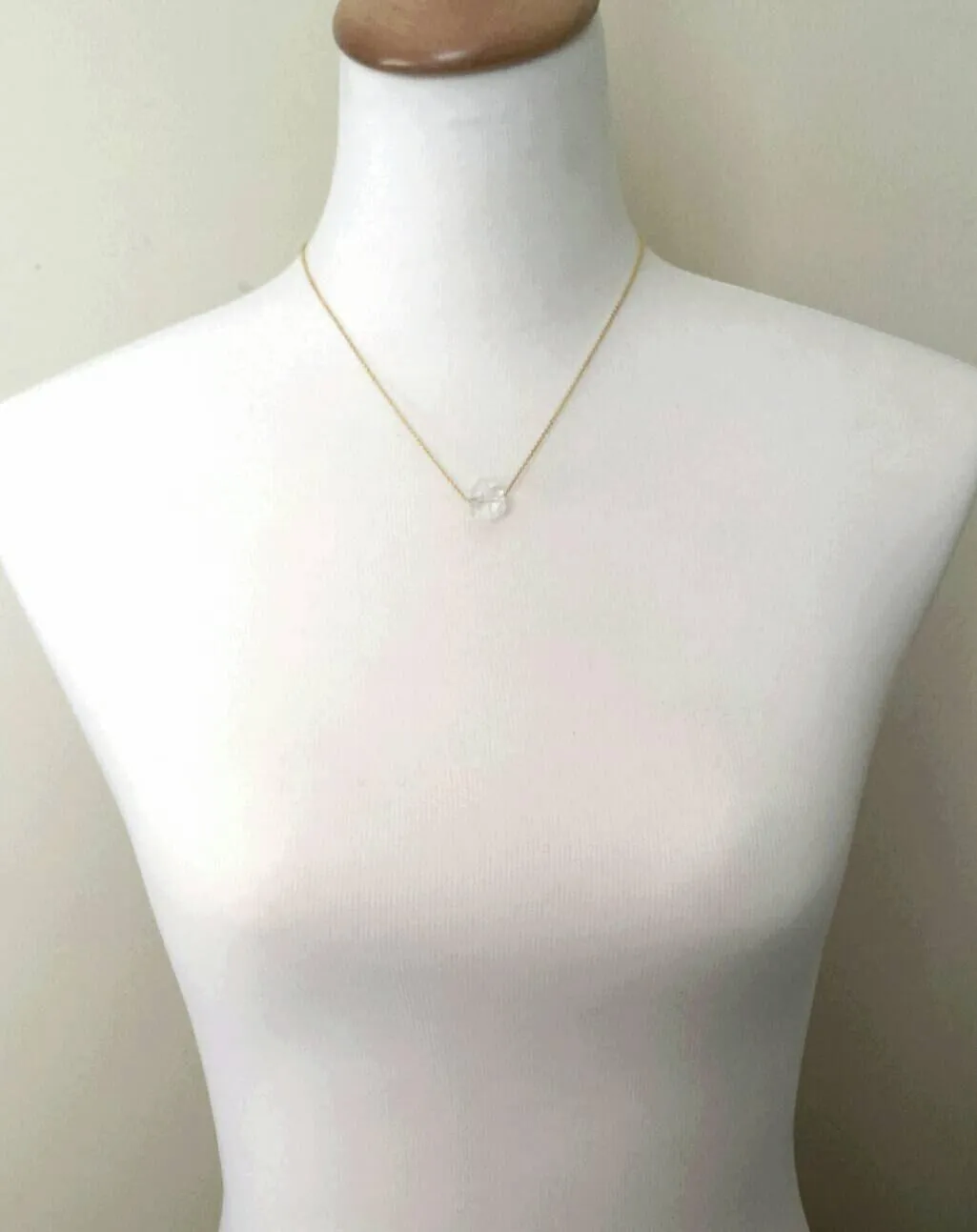 Faux Herkimer Diamond Necklace - ice quartz stone style clear glass faceted slider bead - silver plated chain - winter cool crackled cube