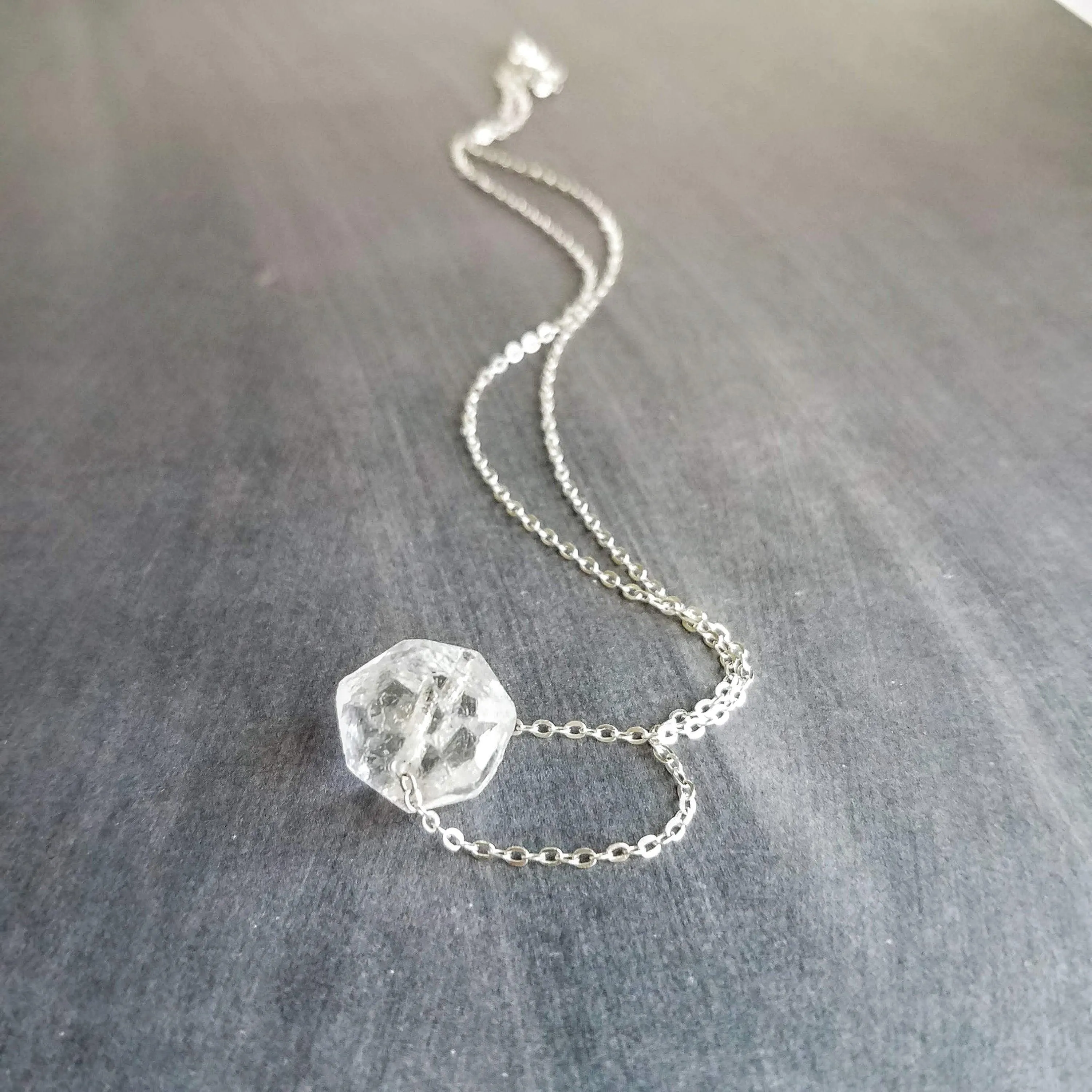 Faux Herkimer Diamond Necklace - ice quartz stone style clear glass faceted slider bead - silver plated chain - winter cool crackled cube