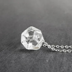 Faux Herkimer Diamond Necklace - ice quartz stone style clear glass faceted slider bead - silver plated chain - winter cool crackled cube