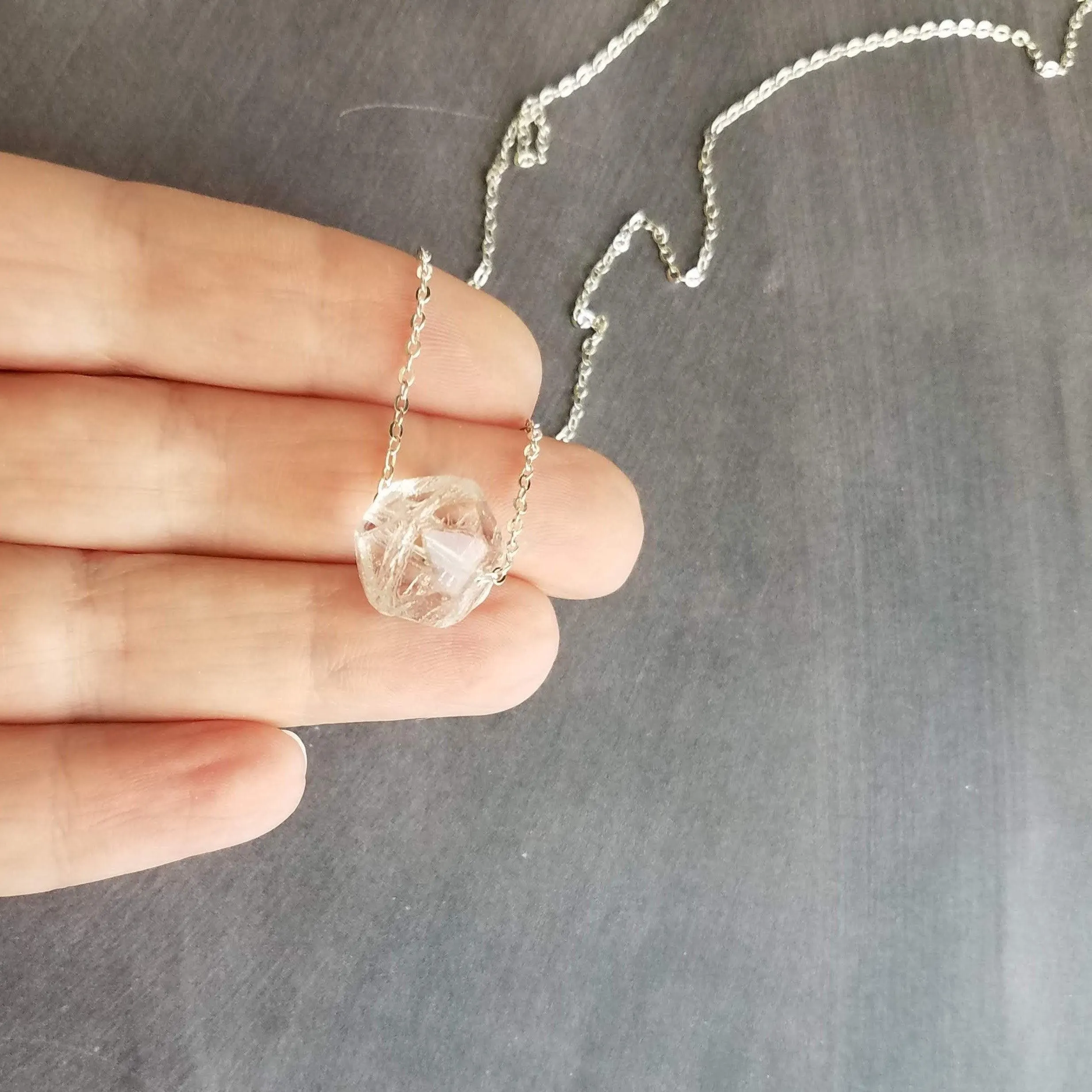 Faux Herkimer Diamond Necklace - ice quartz stone style clear glass faceted slider bead - silver plated chain - winter cool crackled cube