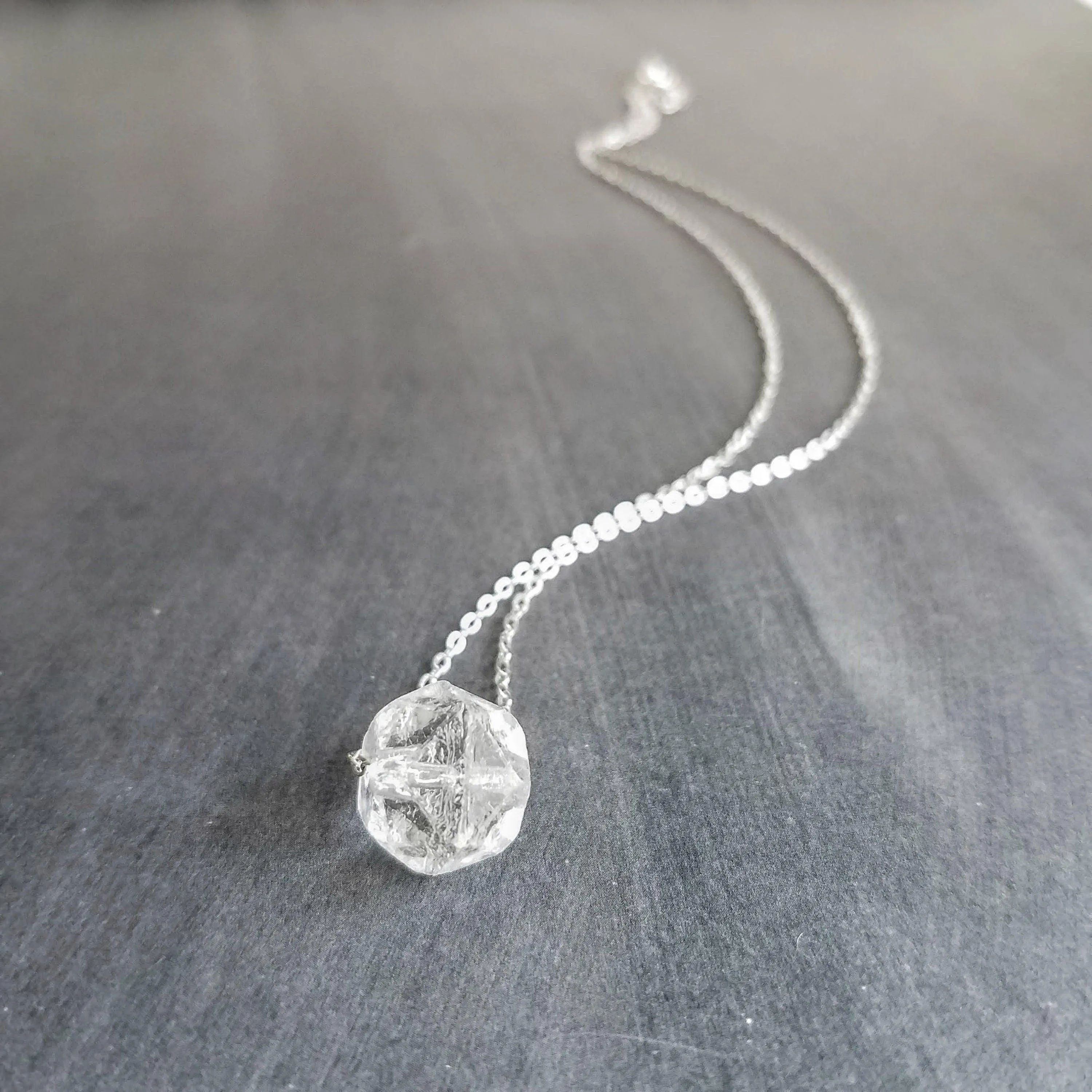 Faux Herkimer Diamond Necklace - ice quartz stone style clear glass faceted slider bead - silver plated chain - winter cool crackled cube