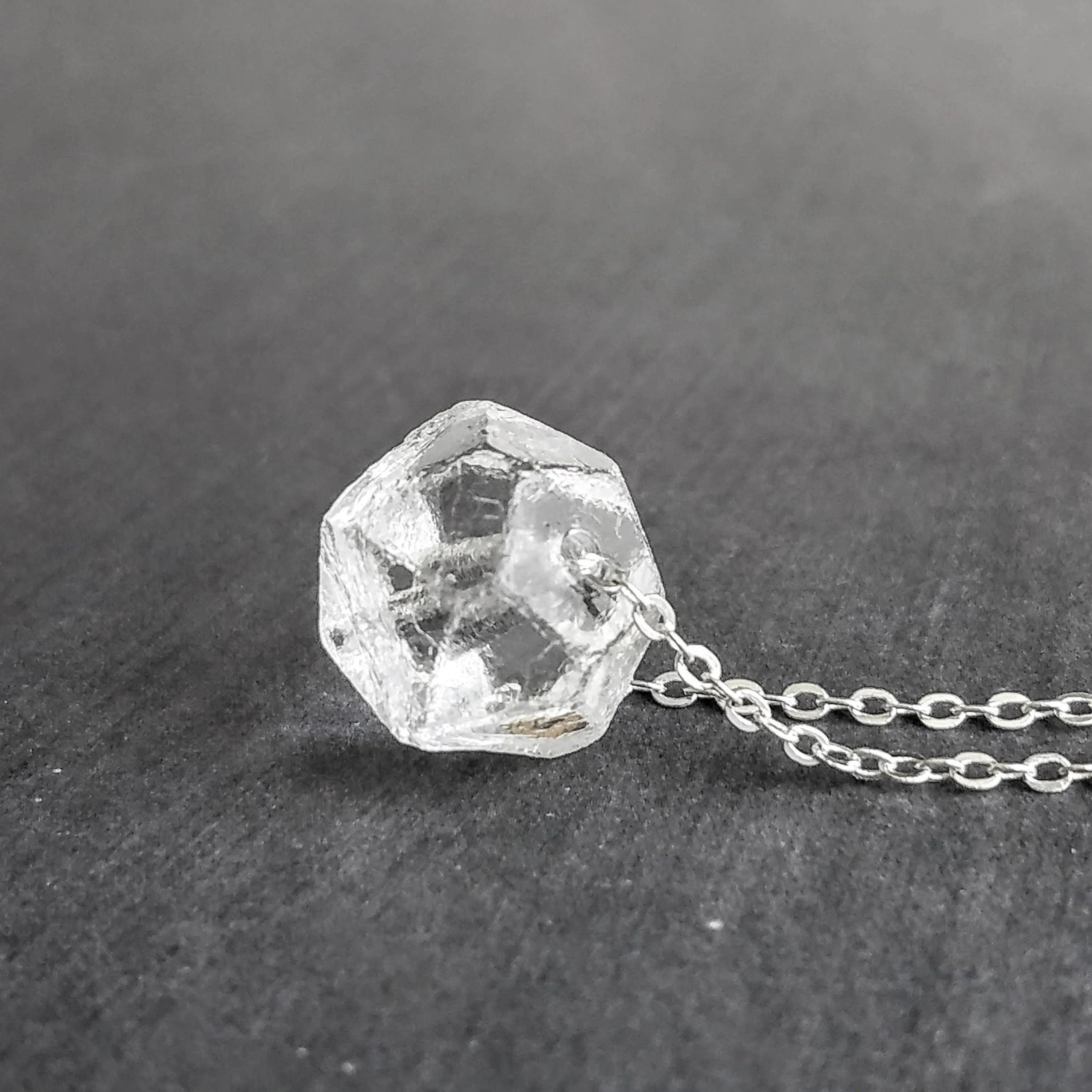 Faux Herkimer Diamond Necklace - ice quartz stone style clear glass faceted slider bead - silver plated chain - winter cool crackled cube