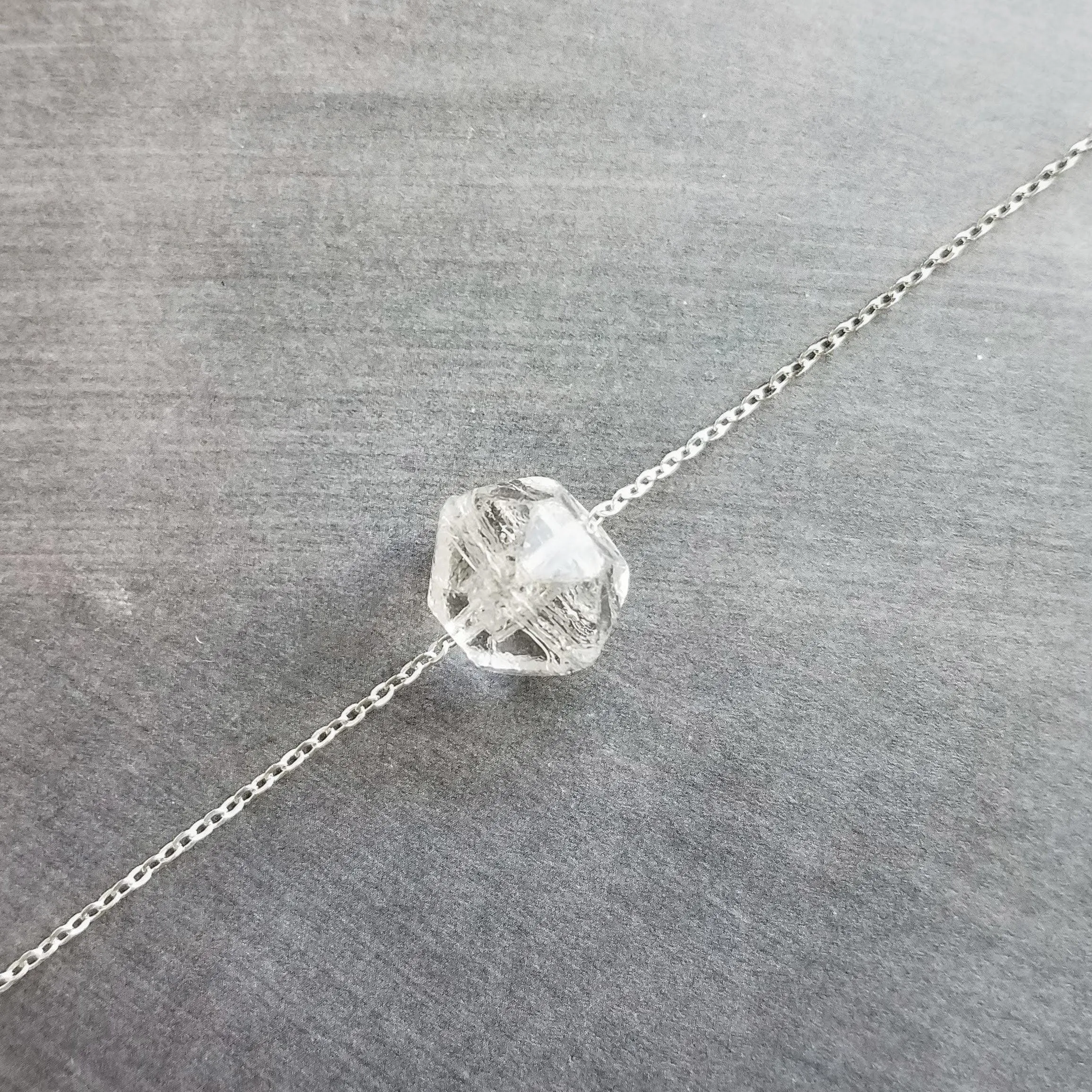 Faux Herkimer Diamond Necklace - ice quartz stone style clear glass faceted slider bead - silver plated chain - winter cool crackled cube